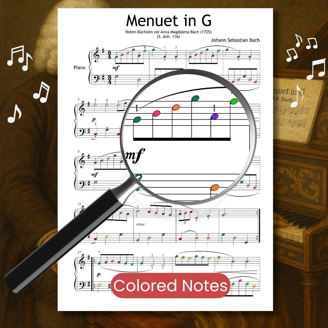 Menuet in G Major by Johann Sebastian Bach – downloadable and simplified piano sheet music PDF in a color-coded version. Enhances visual memory and supports younger learners’ understanding of pitch and finger positions in an engaging and educational way.