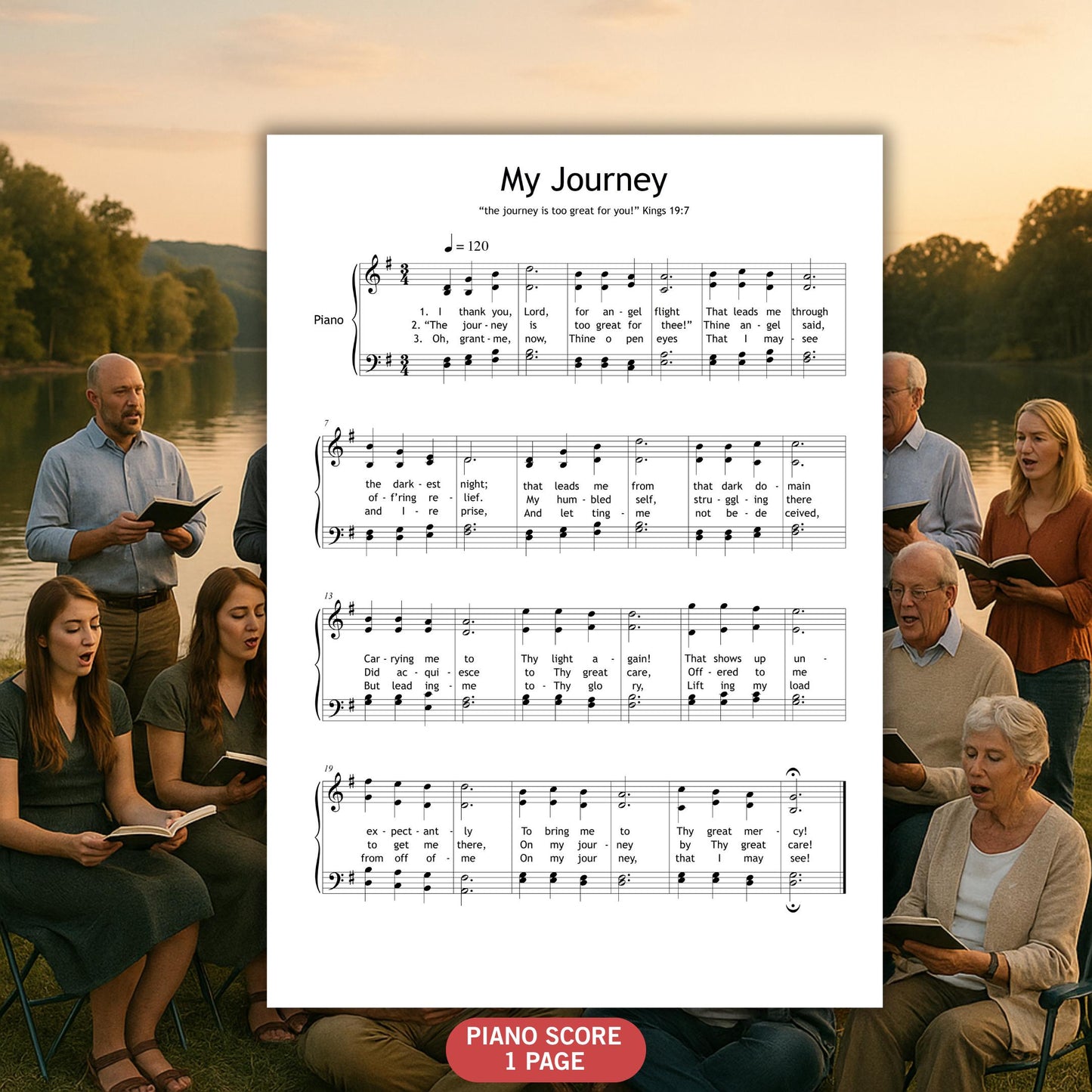 Choir and piano arrangement of My Journey based on 1 Kings 19:7. Downloadable PDF features note names written on the score to aid singers and pianists in learning. Ideal for worship services and faith-based gatherings.