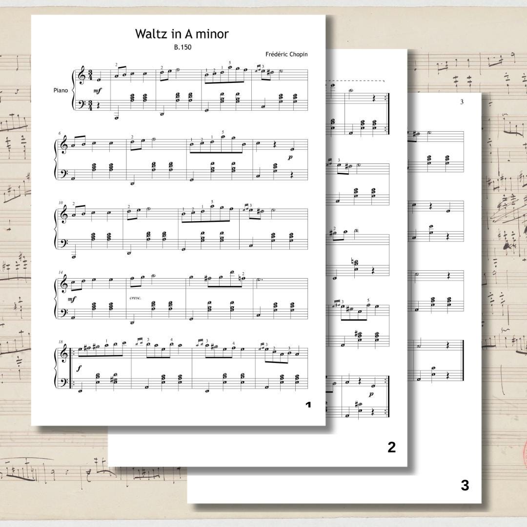 Chopin Waltz in A Minor - Romantic Piano Sheet Music PDF | Grade 5-6 | Based on Original BnF Manuscript