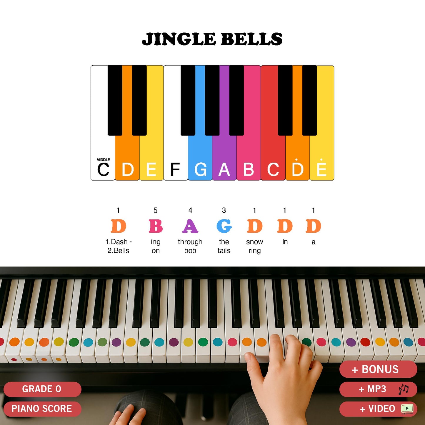 Jingle Bells Color-Coded Piano Notes | Grade 0 Beginner Piano Sheet Music PDF Download with Video Tutorial