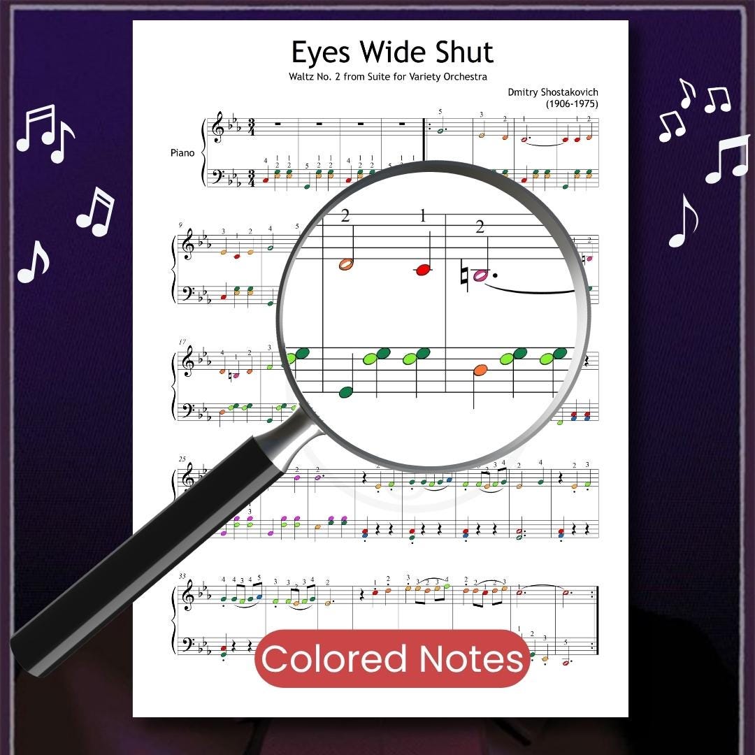 Waltz No. 2 by Dmitri Shostakovich downloadable and simplified piano sheet music PDF in a color-coded Grade 3–4 edition highlighting visual cues, finger-number placement, and optional note-name versions, engraved from the manuscript for accurate interpretation of this iconic waltz.