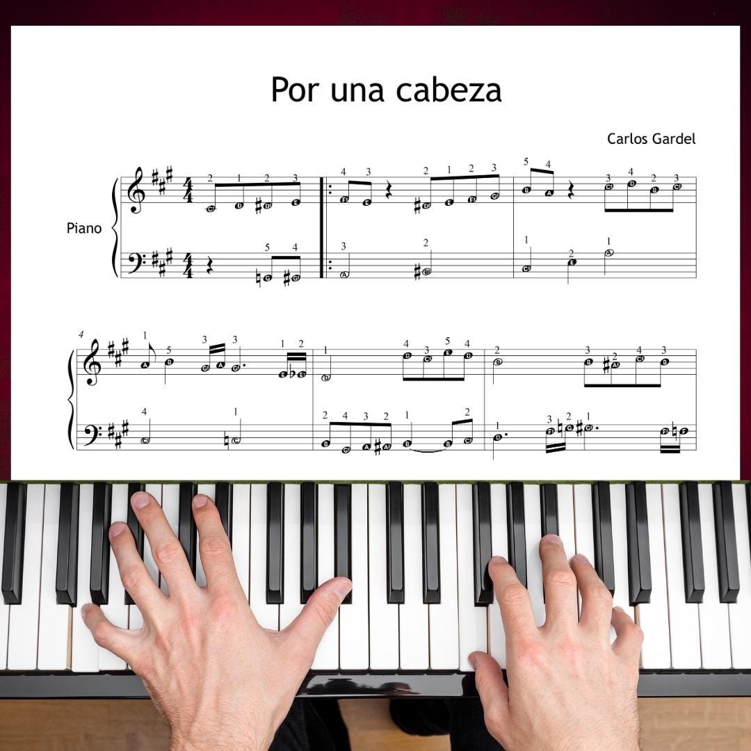 Por una Cabeza by Carlos Gardel downloadable and simplified piano sheet music PDF shown in a Grade 4–5 tango layout with finger numbers, color-coded notes, note-name versions, and manuscript-based engraving, designed for expressive intermediate performance.