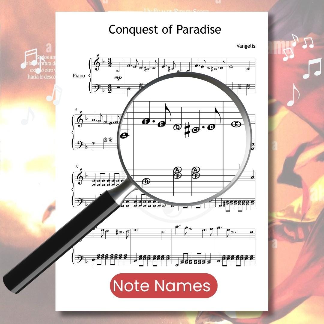 Conquest of Paradise by Vangelis downloadable and simplified piano sheet music PDF displayed with note-name annotations, finger numbers, and color-coded notes, following the composer’s manuscript closely to support rhythmic accuracy and confident Grade 3 practice.