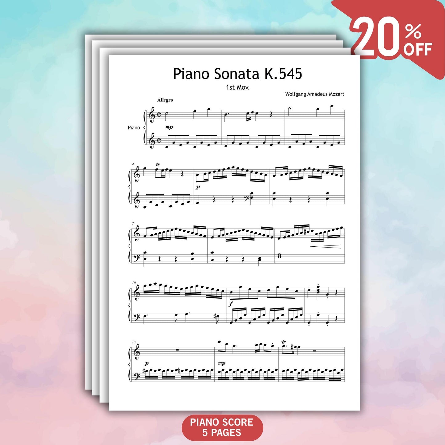 Download Mozart K545 piano sonata sheet music, high-quality PDF with color-coded notes and MP3 tutorial support