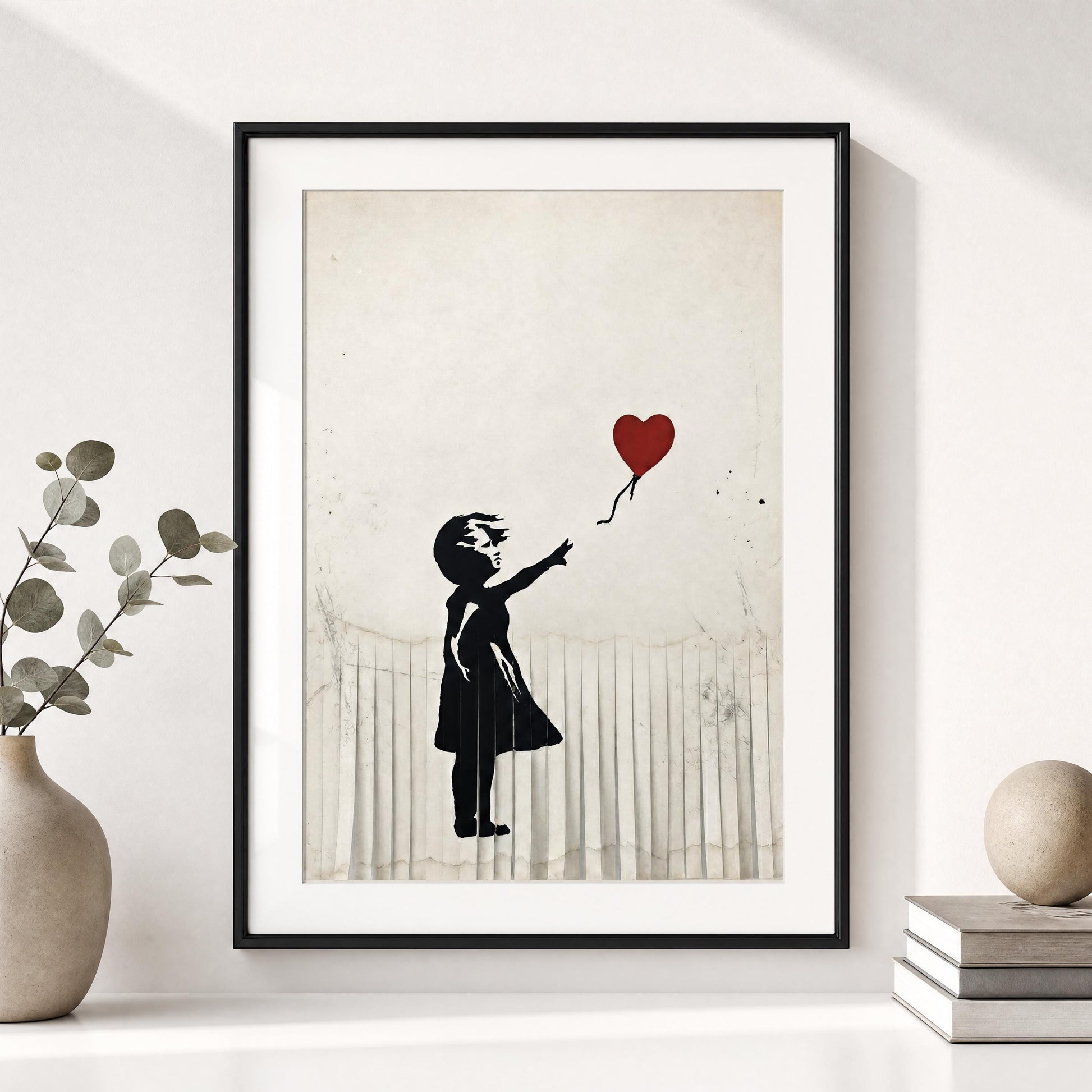 a framed artwork depicting a silhouette of a person holding a heart-shaped balloon.