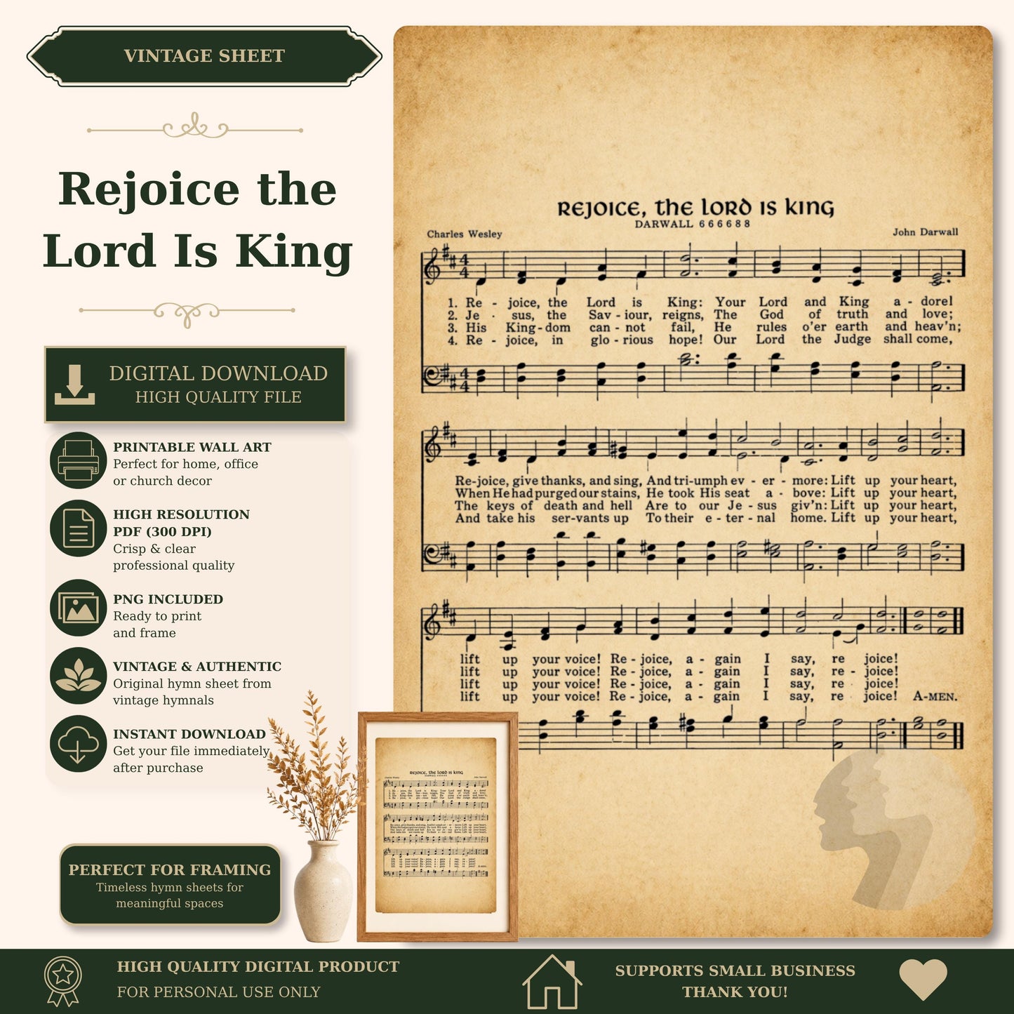 The image is a vintage sheet music for the song "Rejoice the Lord is King" by John Darwalt. The sheet music is accompanied by a vintage-style photograph of a person's face, and the image includes text that describes the sheet music as a high-quality digital product.