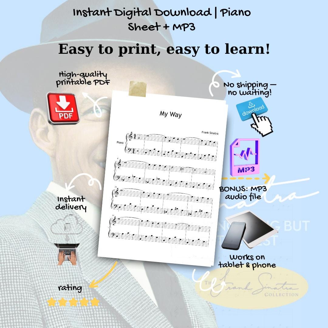 My Way by Frank Sinatra downloadable and simplified piano sheet music PDF shown with the full Grade 3 learning bundle including MP3 reference audio, video tutorial, finger numbers, note names, and color-coded notes, designed for expressive and accessible piano practice.