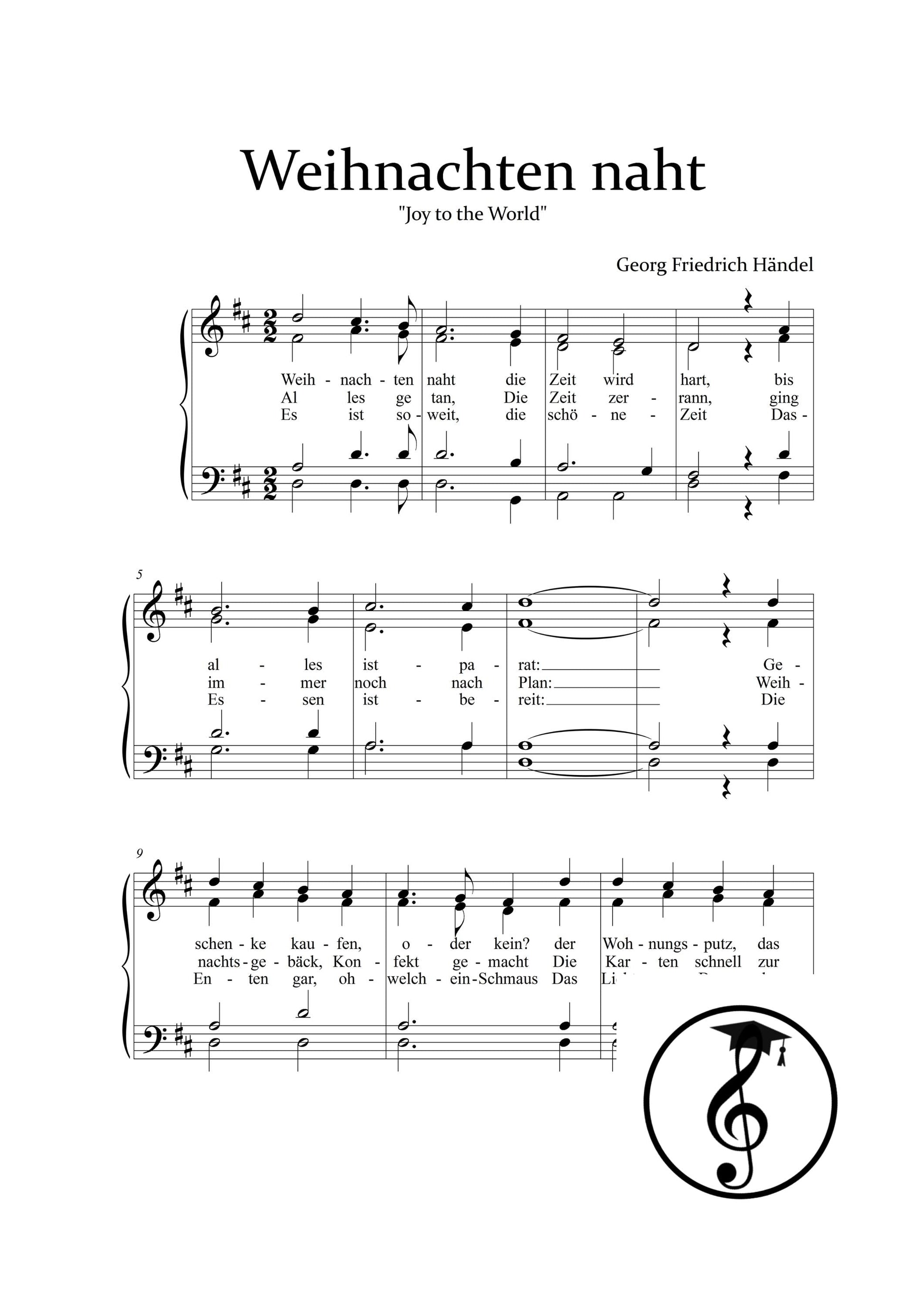 Weihnachten naht (Joy to the World) by Georg Friedrich Händel downloadable piano and vocal score PDF shown with German lyrics and piano accompaniment, presented in a clear engraving suitable for Christmas singing and instrumental rehearsal.