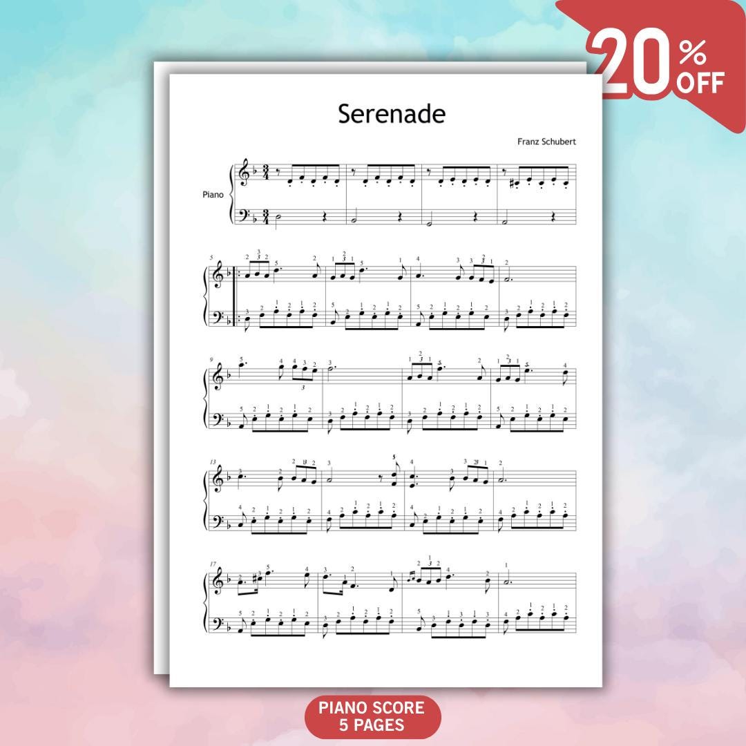 Serenade (Ständchen) by Franz Schubert downloadable and simplified piano sheet music PDF presented as a Grade 3 arrangement featuring finger-number guidance, color-coded notation, and letter-note support, all aligned with manuscript accuracy for expressive melodic playing.