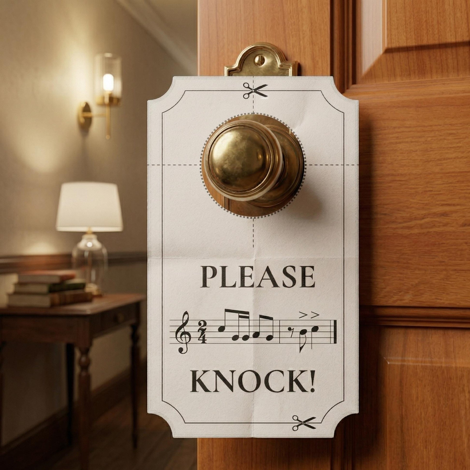 Please Knock music sign printable featuring sheet music background and clear door message, designed as a high-resolution PDF door sign for music classrooms, piano studios, and practice rooms