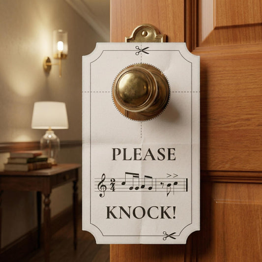Please Knock music sign printable featuring sheet music background and clear door message, designed as a high-resolution PDF door sign for music classrooms, piano studios, and practice rooms