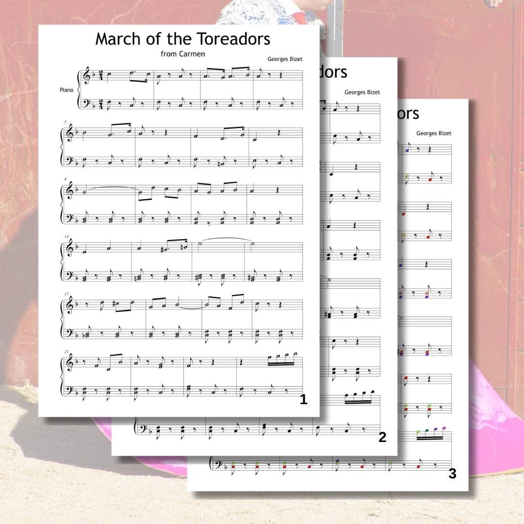 March of the Toreadors by Georges Bizet downloadable and simplified piano sheet music PDF displayed as a multi-version Grade 3–4 classical pack including standard notation, color notes, finger numbers, and note-name pages, each prepared from the manuscript for flexible practice.