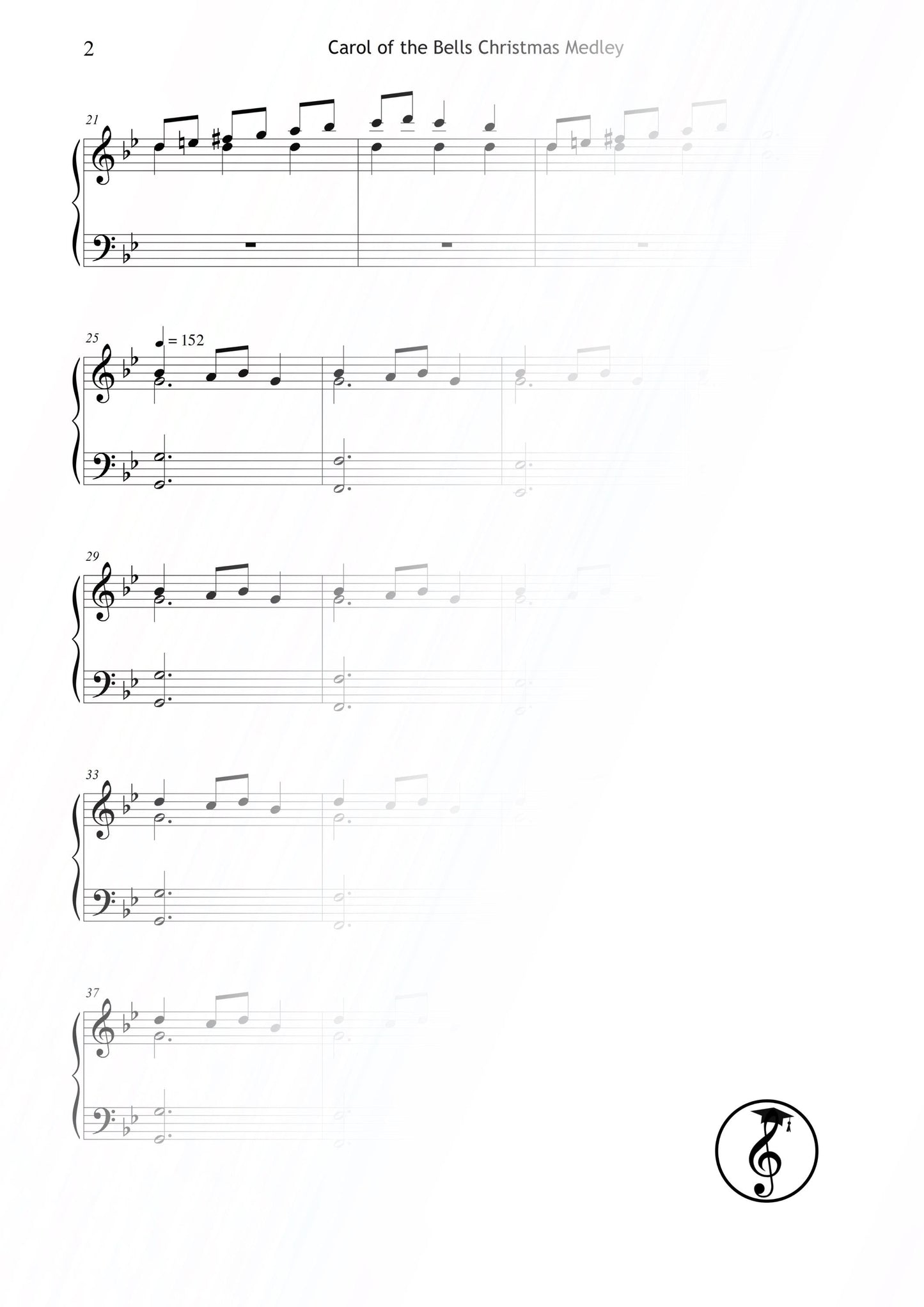 Carol of the Bells – Grade 4 intermediate piano sheet music printable PDF. A dramatic and beautifully engraved Christmas piano arrangement perfect for holiday recitals and teaching. Traditional Carol of the Bells melody with rich harmony, clear fingering, and dynamic phrasing, instant digital download.