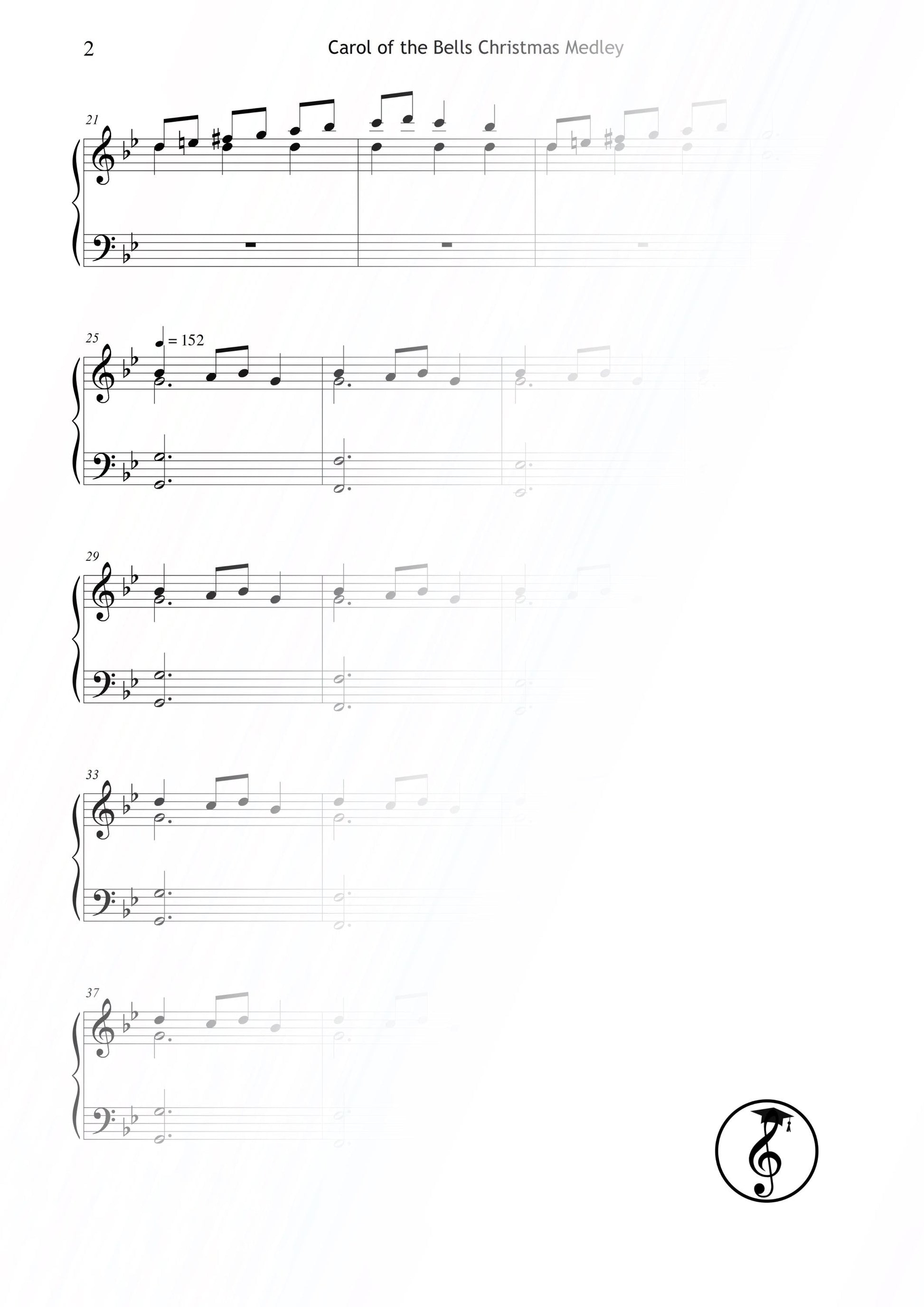 Carol of the Bells – Grade 4 intermediate piano sheet music printable PDF. A dramatic and beautifully engraved Christmas piano arrangement perfect for holiday recitals and teaching. Traditional Carol of the Bells melody with rich harmony, clear fingering, and dynamic phrasing, instant digital download.