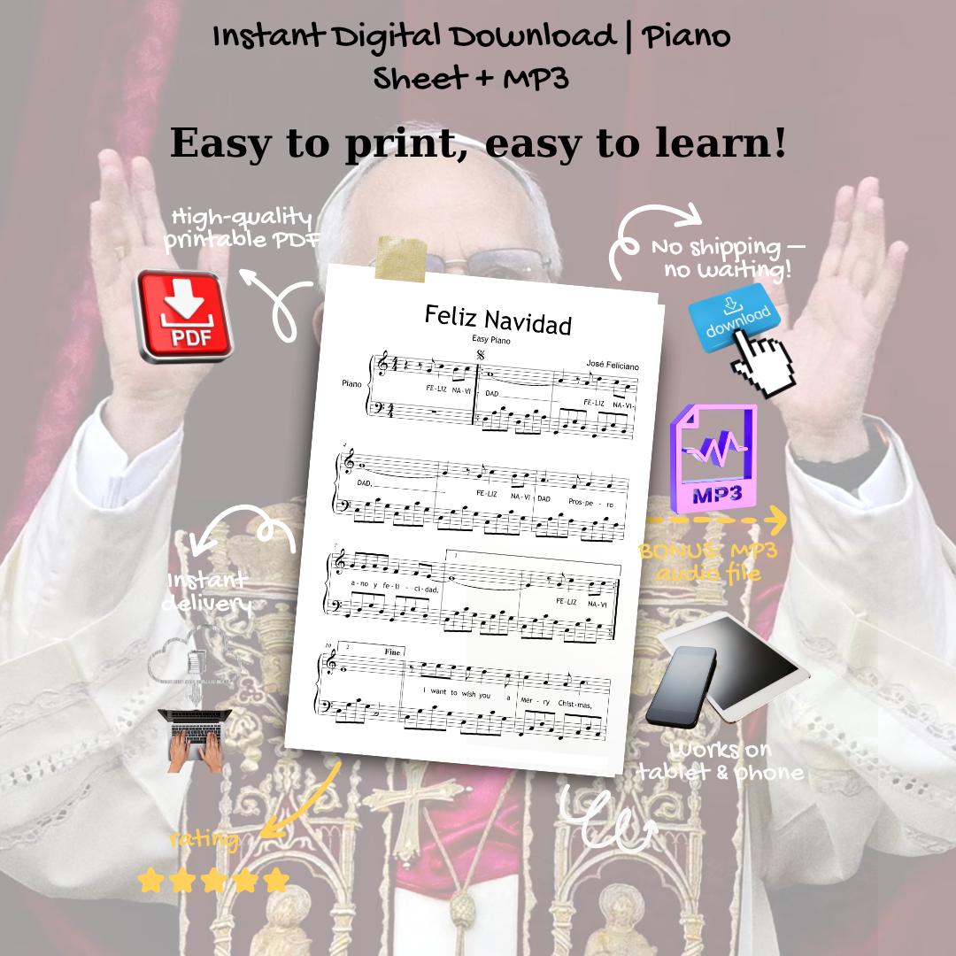 Downloadable and simplified piano sheet music PDF of Feliz Navidad, pope sings feliz navidad, feliz navidad sheet for beginners, catholic music for piano.
