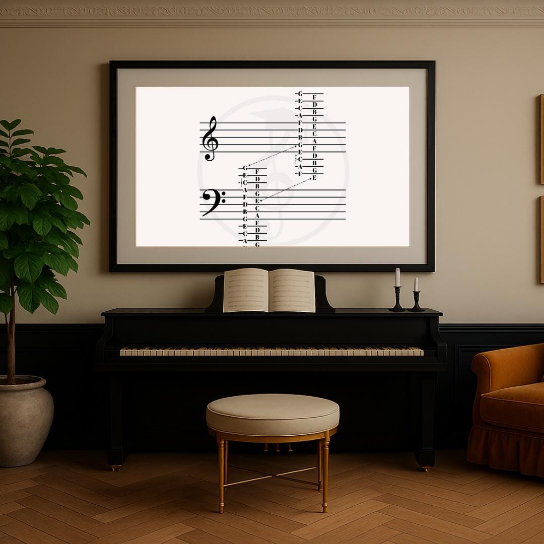 Music Staff Notes Poster - Printable Music Theory Guide with Treble & Bass Clef Charts