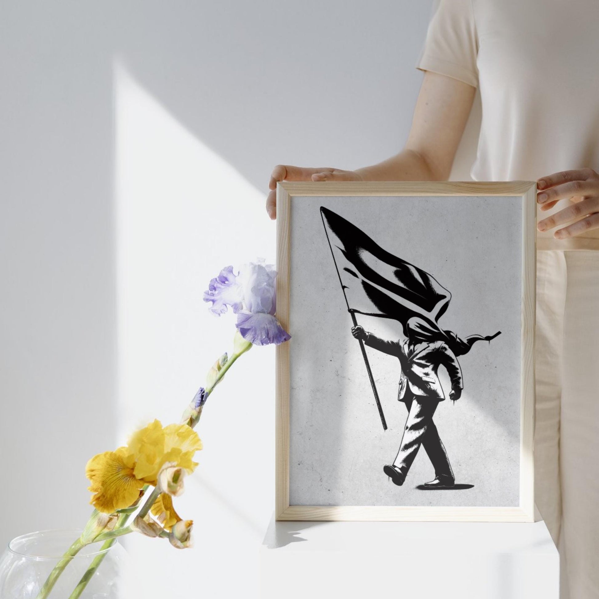 Blind Patriotism conceptual wall art printable black and white stencil design inspired by street art culture, digital download for modern home or office decor