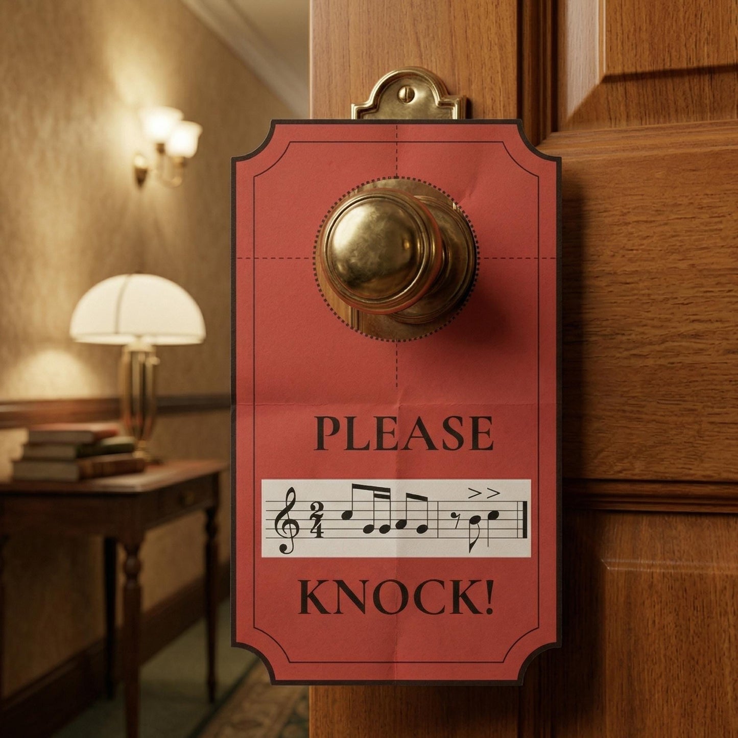 Music door sign printable Please Knock poster with sheet music design, created for piano studios, lesson rooms, and recording spaces as both decor and practical signage