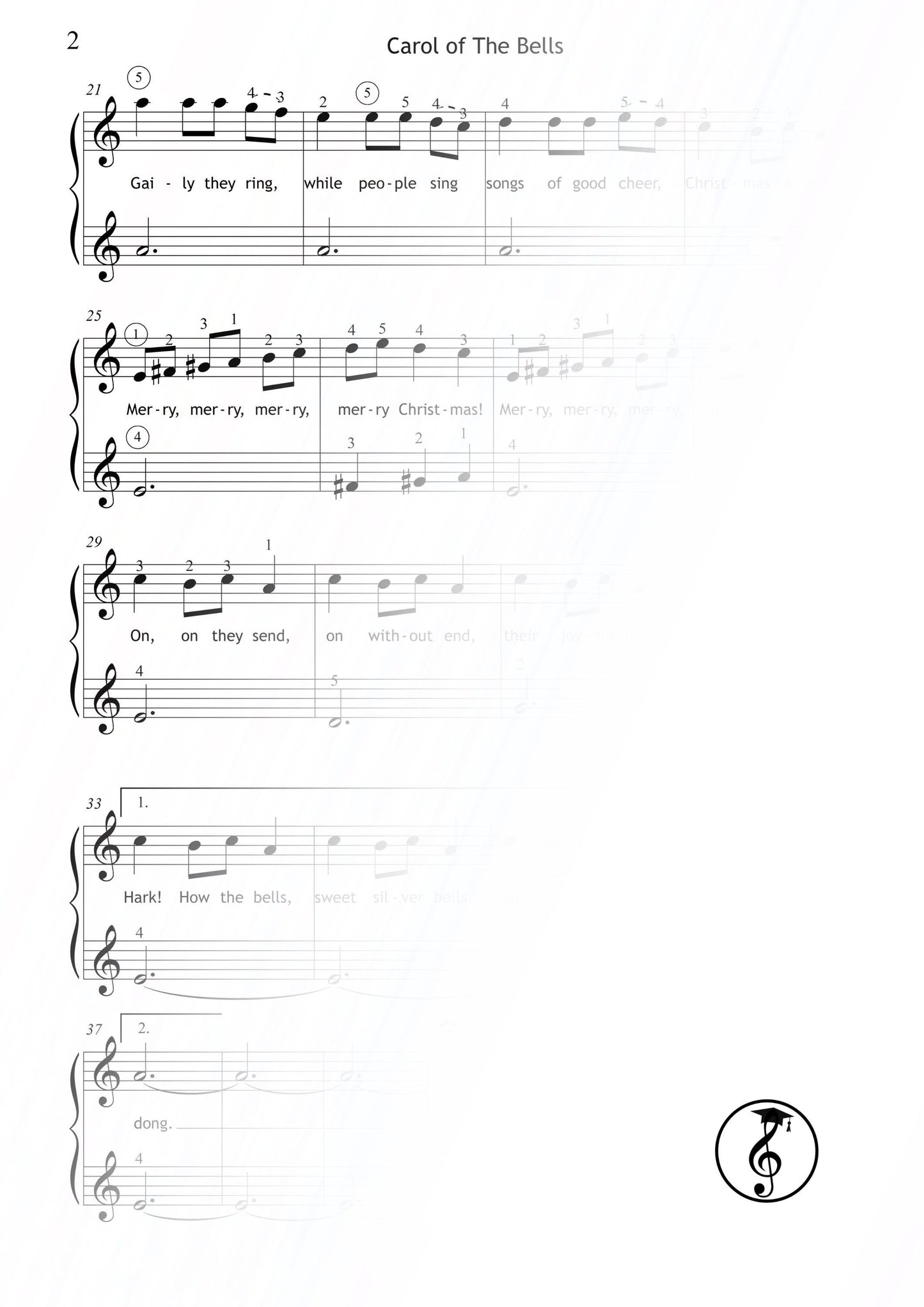 Carol of the Bells by Mykola Leontovych downloadable and simplified piano sheet music PDF for Grade 1 students, offering multiple beginner formats, tablet-friendly PNGs, an MP3 demo, and an AI-driven step-through tutorial for festive duet practice.