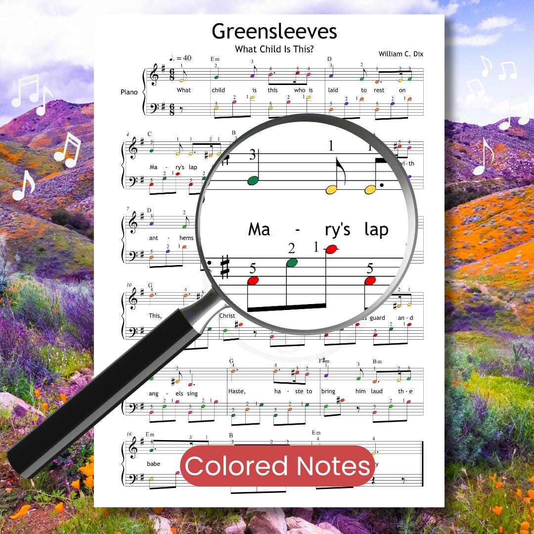 Greensleeves – What Child Is This? easy piano sheet music PDF featuring bright, color-coded notes to support beginners. Each pitch is visually distinct, aiding memory and note recognition. Created especially for fun and engaging Christmas practice sessions.