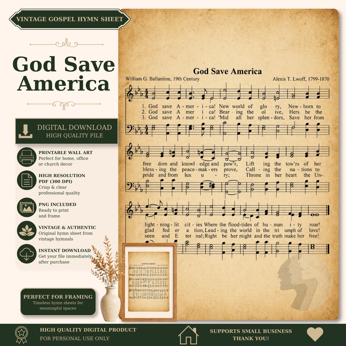 The image is a digital download sheet featuring a sheet of music titled "God Save America" with lyrics and a vintage-style photograph of a person.