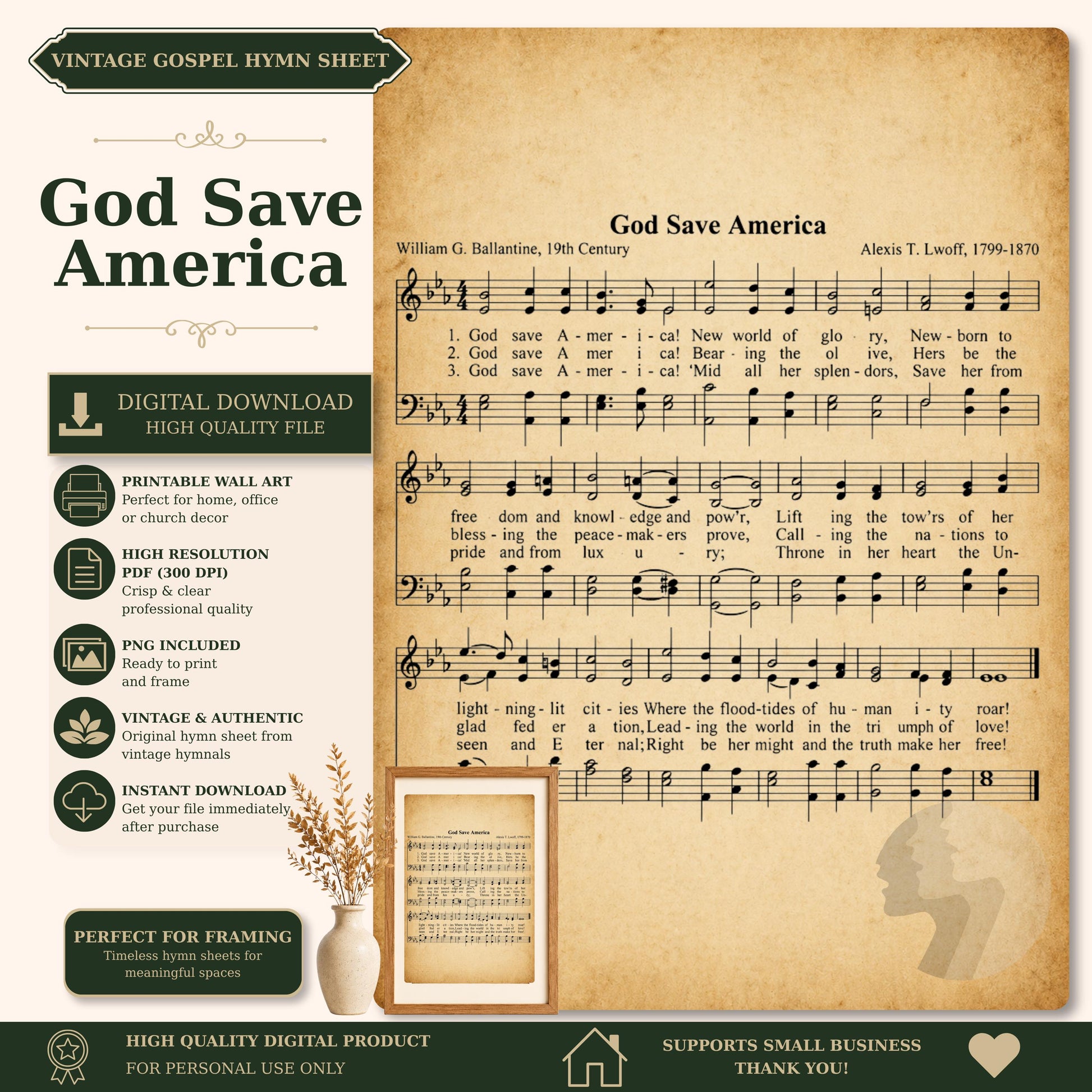 The image is a digital download sheet featuring a sheet of music titled "God Save America" with lyrics and a vintage-style photograph of a person.