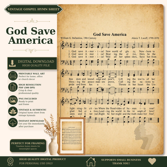 The image is a digital download sheet featuring a sheet of music titled "God Save America" with lyrics and a vintage-style photograph of a person.