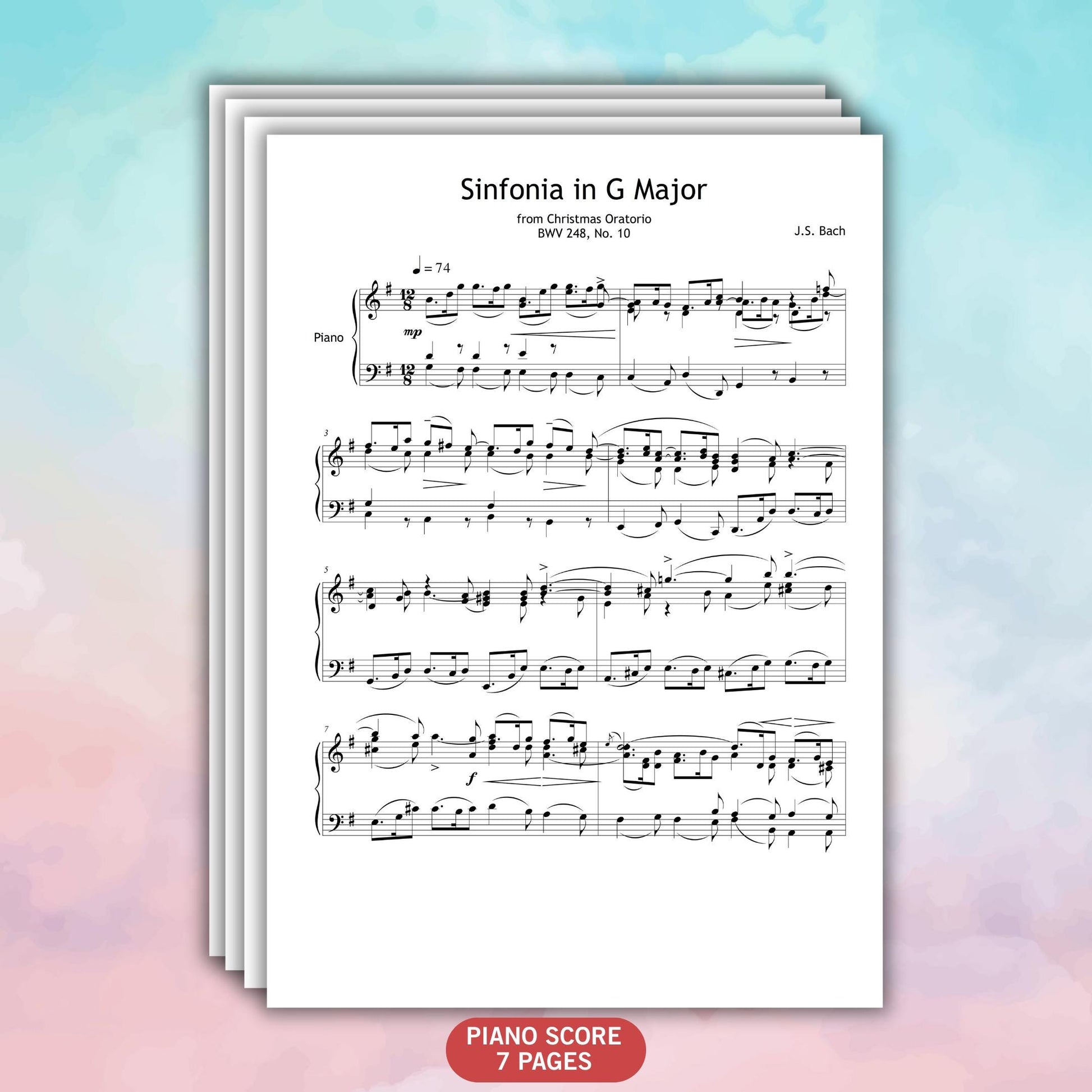 Johann Sebastian Bach Christmas Oratorio Sinfonia in G Major BWV 248 piano sheet music digital edition PDF and PNG, clean layout with professional engraving, ideal for worship services, festive events, and Baroque repertoire study.