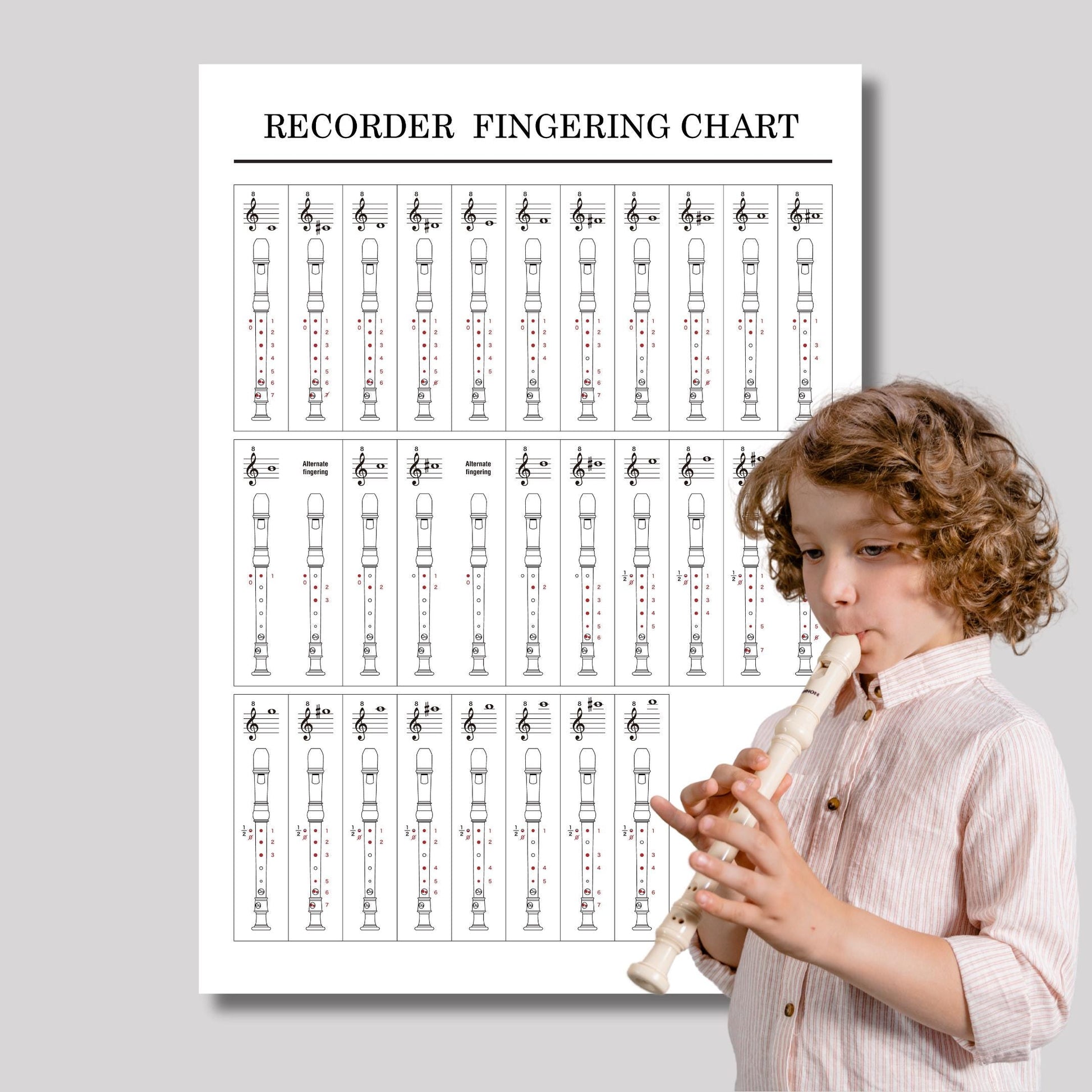 Recorder Fingering Chart for Kids printable PDF and PNG digital download, designed for music classrooms and beginner students, shows accurate recorder note fingerings with a fun and clear layout, ideal as a one-page poster for teachers, private tutors, and parents to support early music learning and practice.