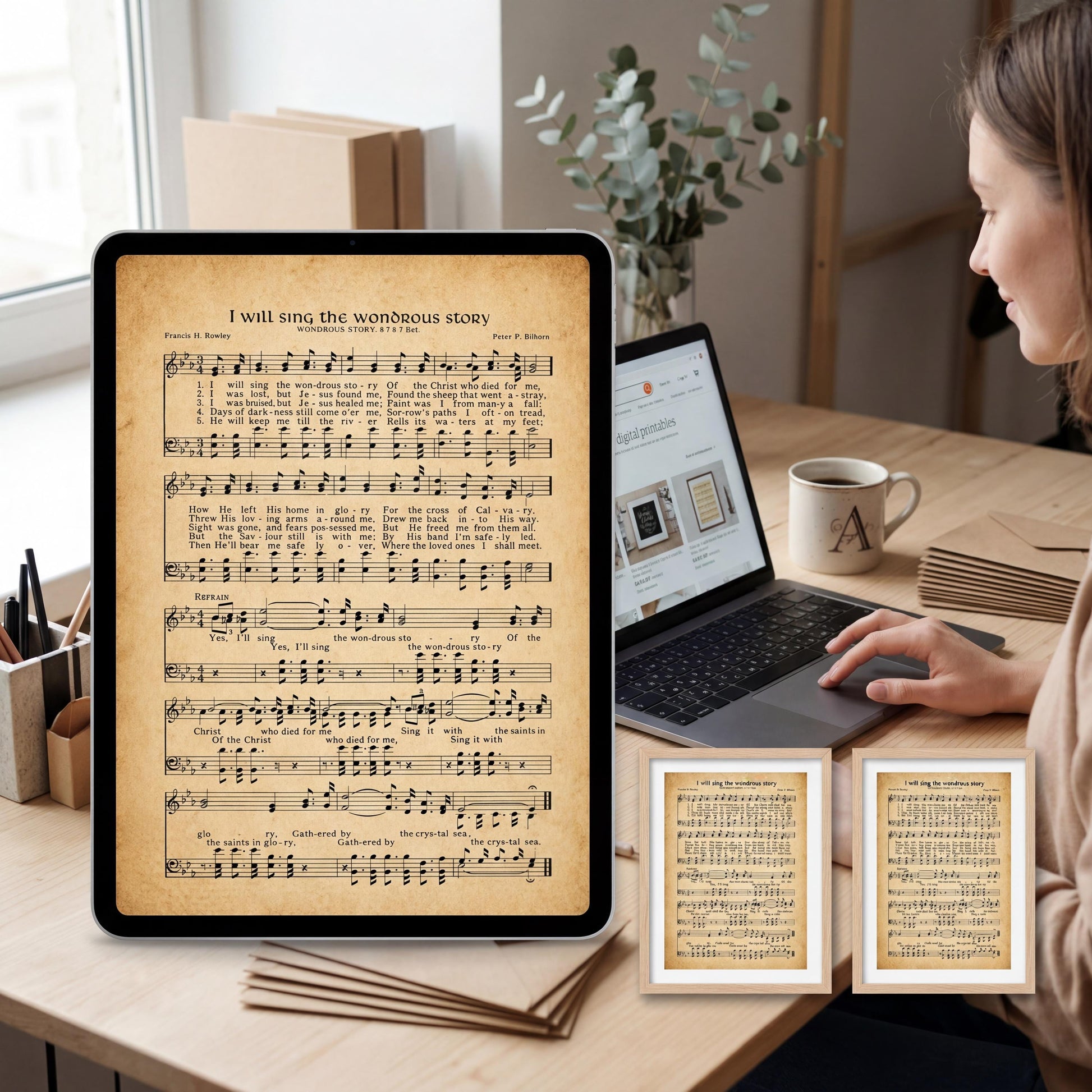 A woman is sitting at a desk, working on a laptop, with a framed sheet of music displayed on the desk in front of her.