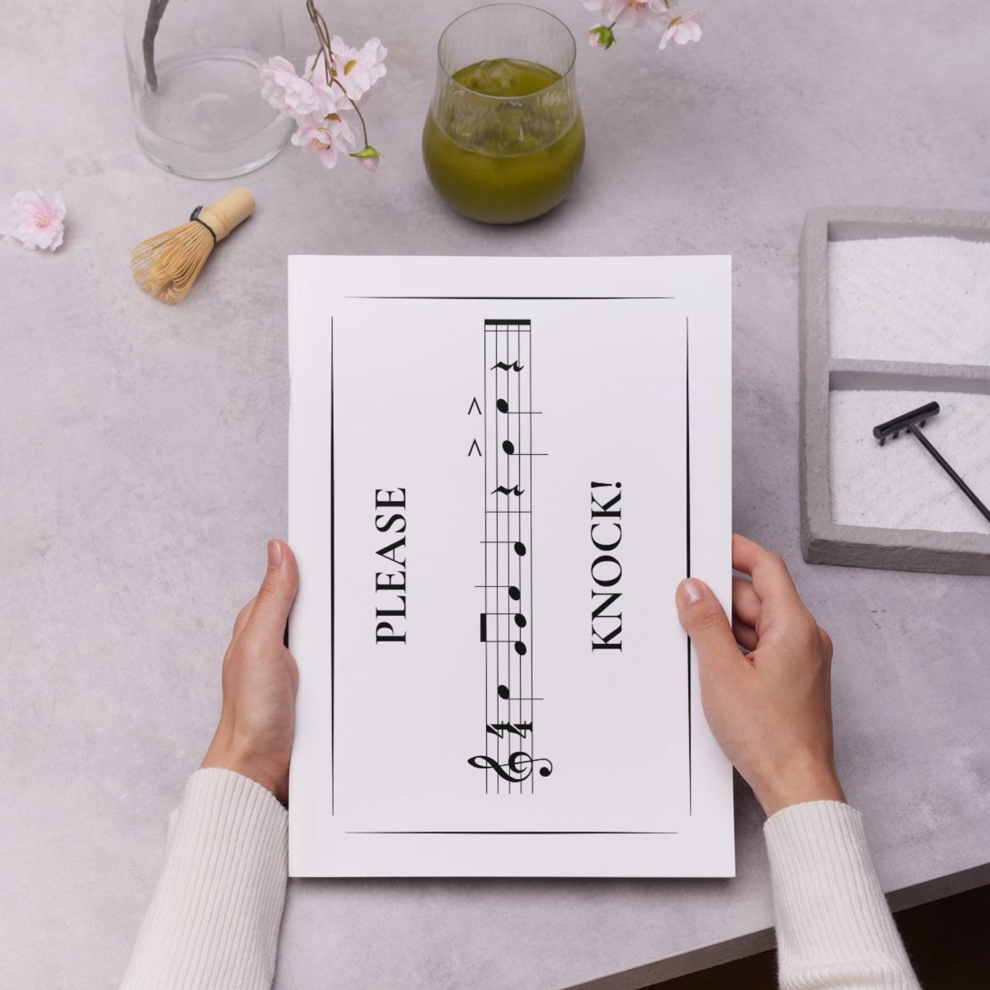 Please Knock studio sign printable combining functional message with artistic music notation, designed for clean and modern learning environments