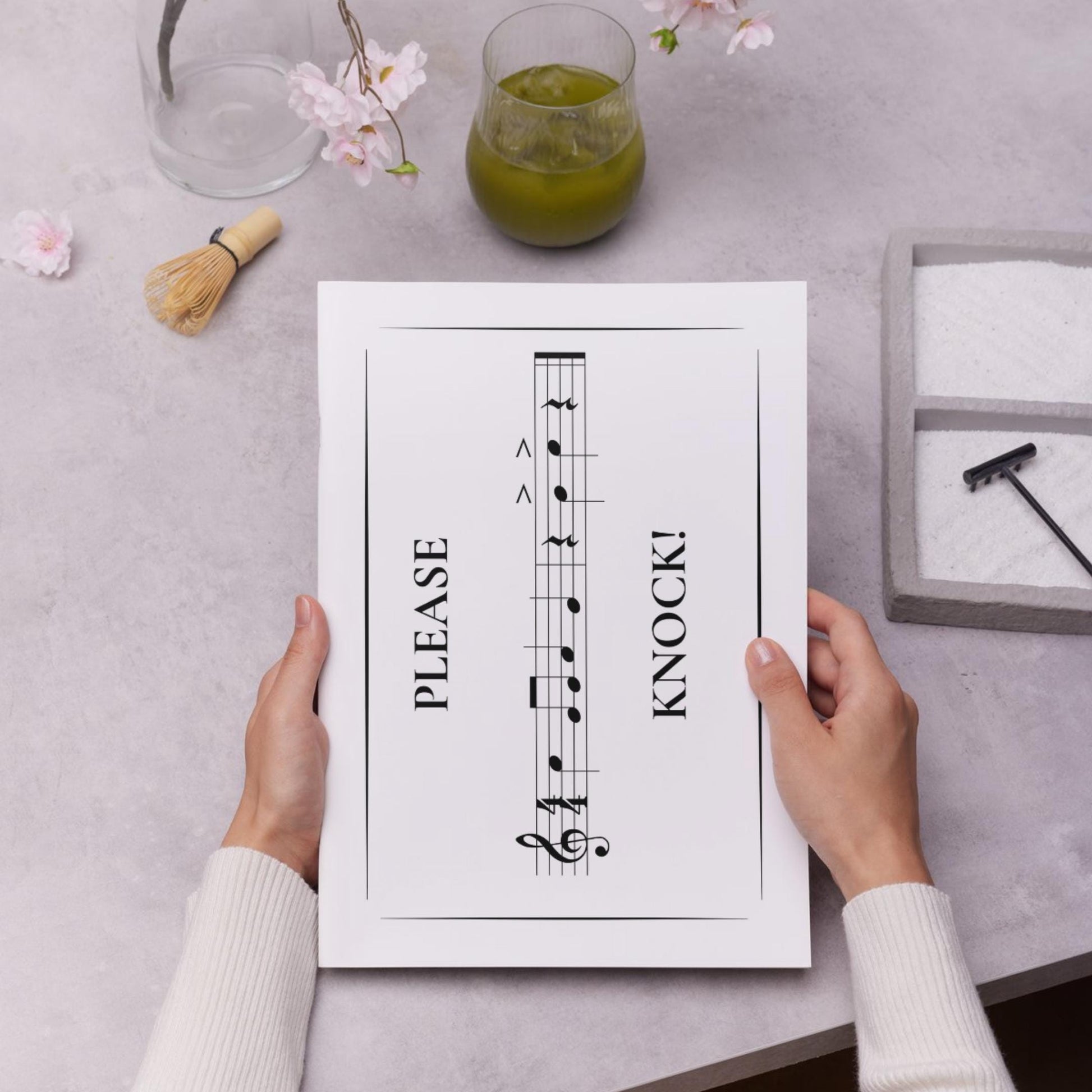 Please Knock studio sign printable combining functional message with artistic music notation, designed for clean and modern learning environments