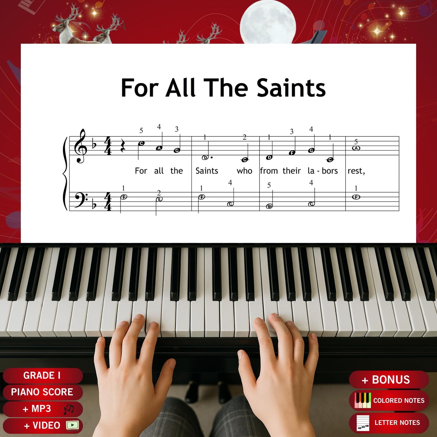 For All the Saints by W. Walsham How and Vaughan Williams beginner piano sheet music PDF presents a calm Grade 1 arrangement with lyrics, offering young learners a gentle and dignified hymn in a clean printable format ideal for early-level worship or classroom use.