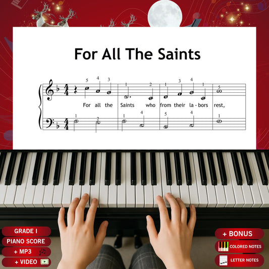 For All the Saints by W. Walsham How and Vaughan Williams beginner piano sheet music PDF presents a calm Grade 1 arrangement with lyrics, offering young learners a gentle and dignified hymn in a clean printable format ideal for early-level worship or classroom use.