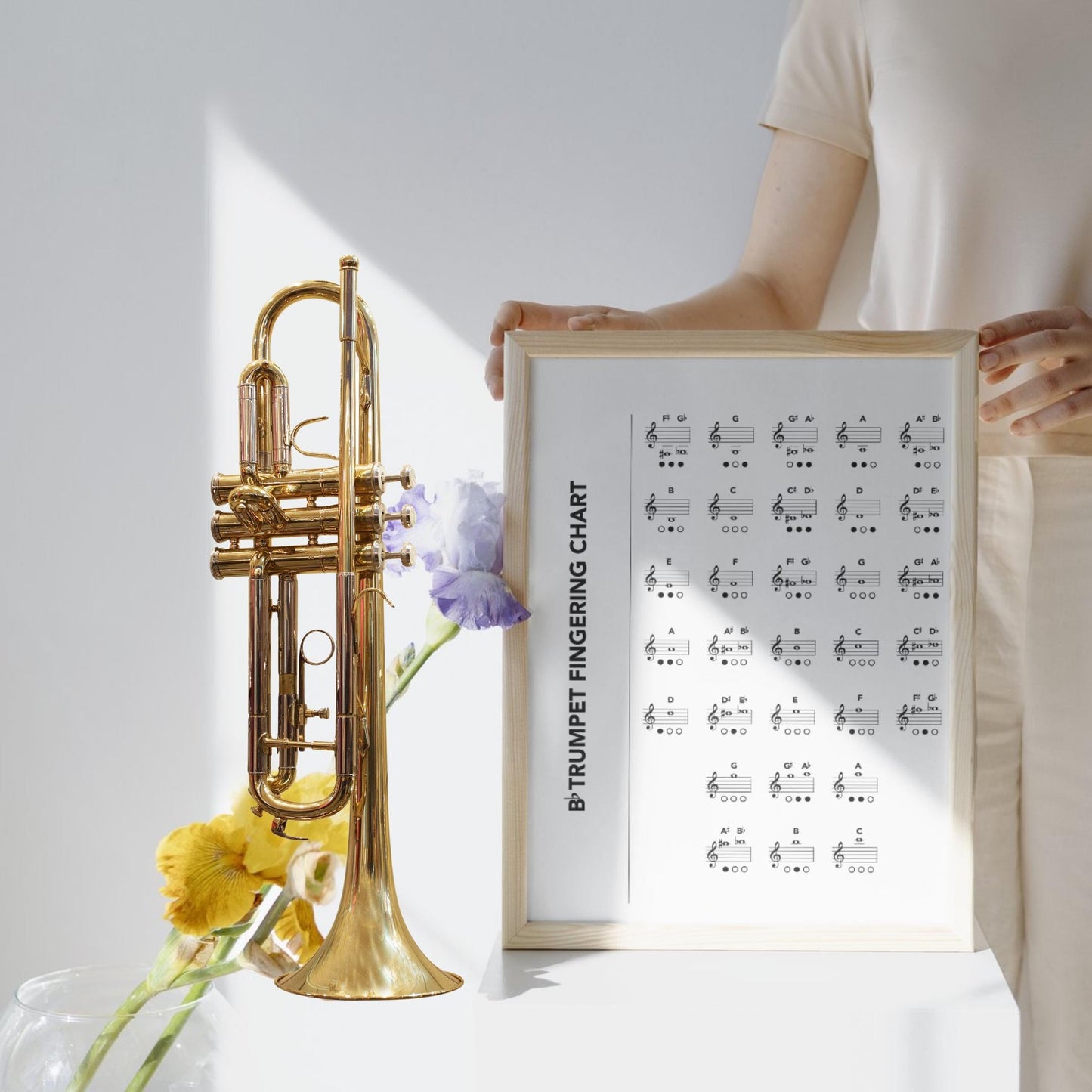 Trumpet Fingering Chart beginner to advanced brass learning resource, printable one-page guide with complete note fingerings, instantly downloadable as PDF and PNG, perfect for classroom walls, home study, or music studio posters.