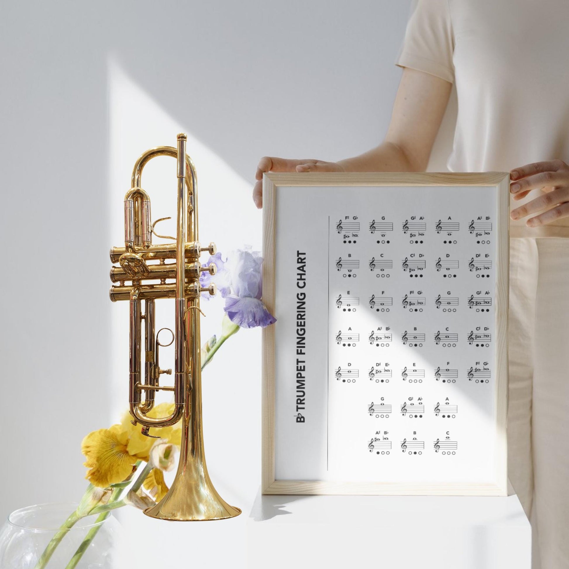 Trumpet Fingering Chart beginner to advanced brass learning resource, printable one-page guide with complete note fingerings, instantly downloadable as PDF and PNG, perfect for classroom walls, home study, or music studio posters.