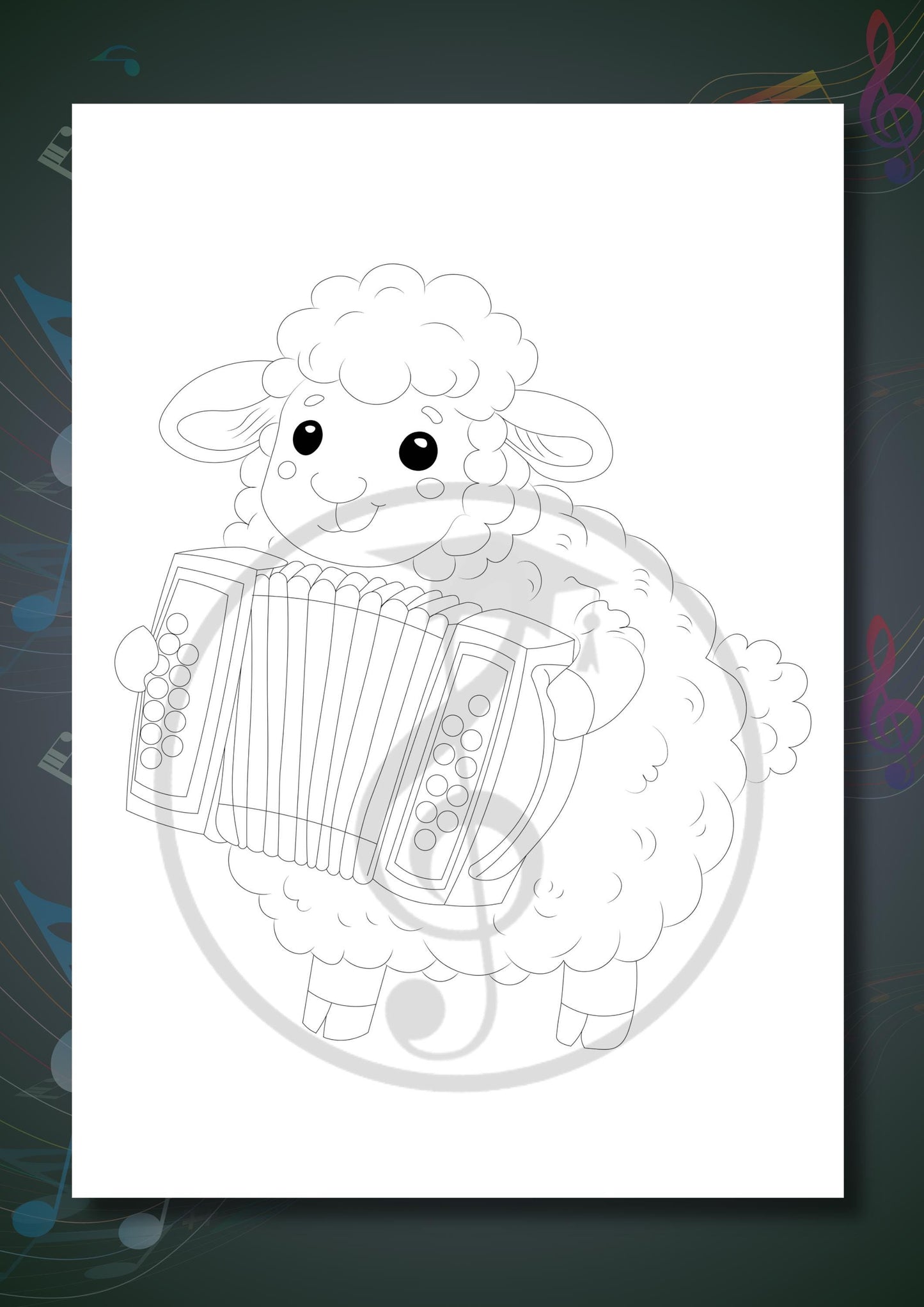 Animals Playing Instruments Coloring Book page showing an animal at a harp, illustrated to help children visually distinguish orchestral instruments in a calm, engaging activity.