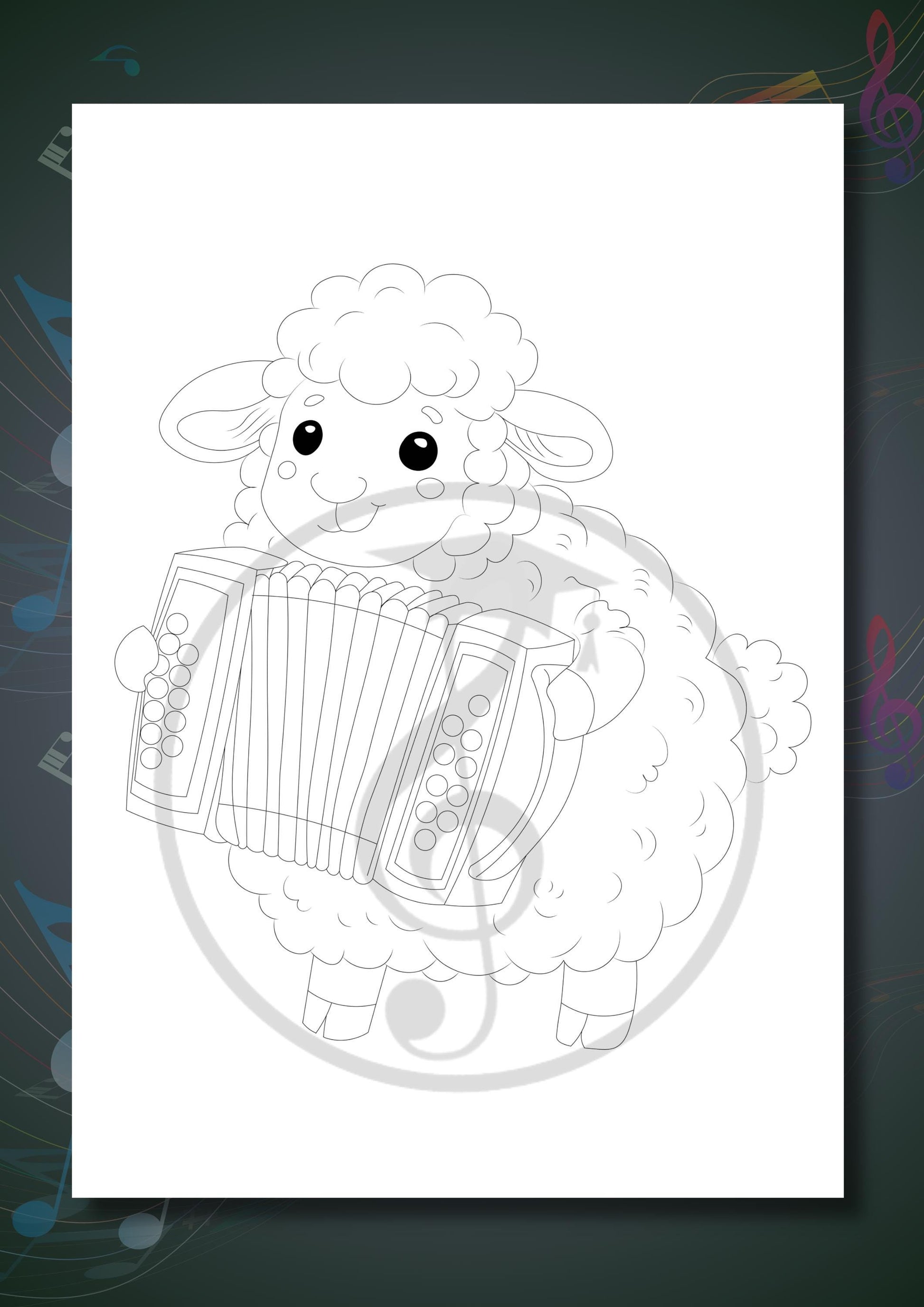 Animals Playing Instruments Coloring Book page showing an animal at a harp, illustrated to help children visually distinguish orchestral instruments in a calm, engaging activity.