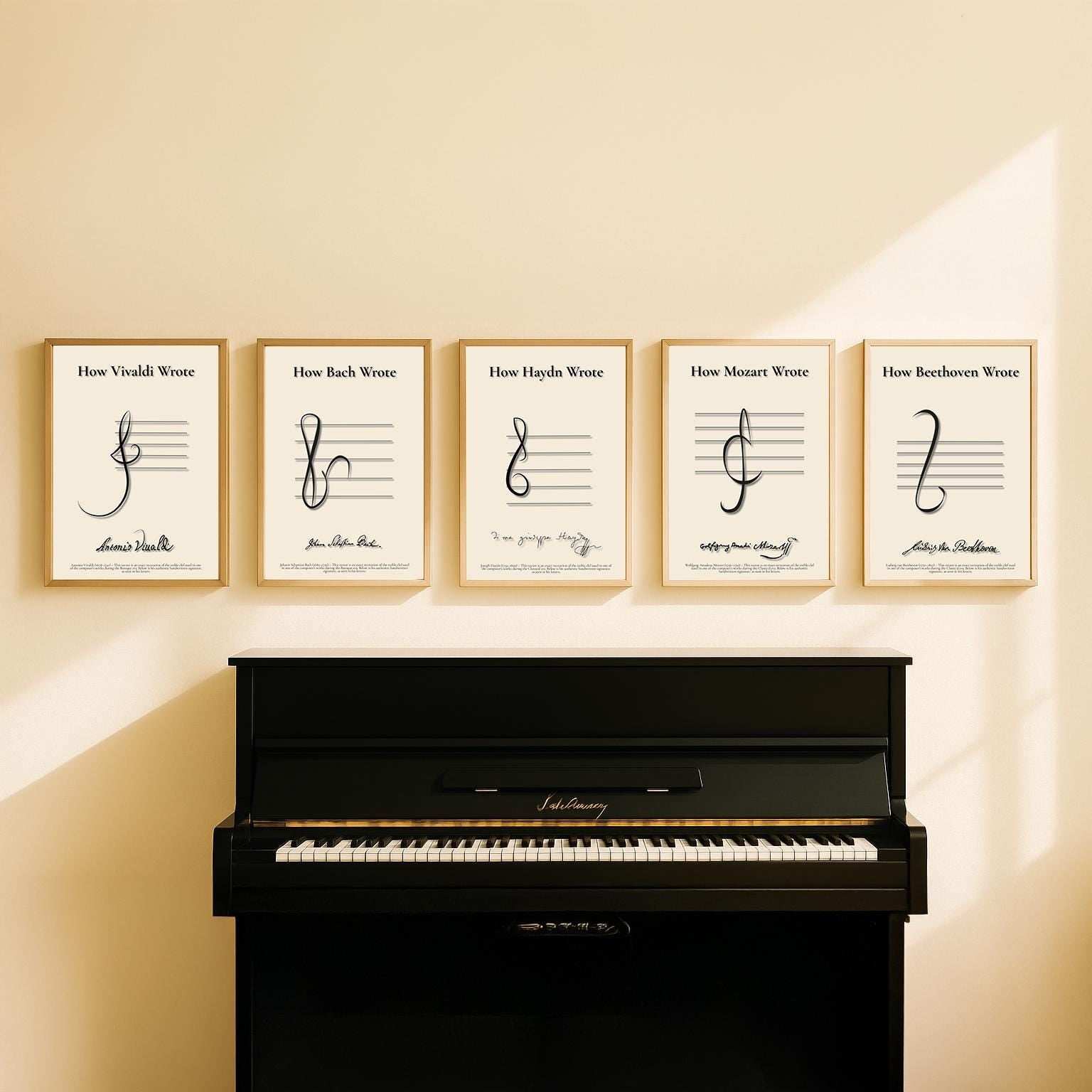 Vintage Music Manuscript Poster Set showing historic treble clefs and real composer signatures from Baroque to Modern eras, including Vivaldi, Bach, Haydn, Mozart, Beethoven, Schubert, Brahms, Debussy, Stravinsky, Shostakovich. Perfect printable art for music history lovers.