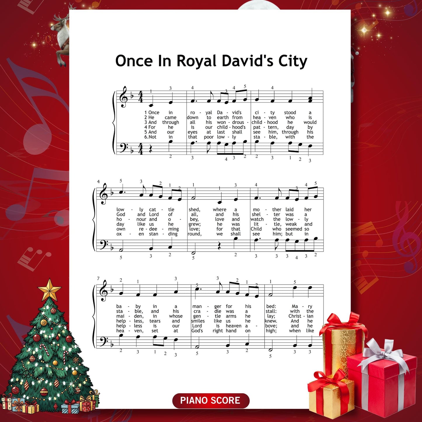 Once in Royal David’s City by Henry J. Gauntlett downloadable and simplified Christmas hymn piano sheet music PDF offering Grade 1 learners festive lyric alignment, color-coded pitch guidance, note-name reinforcement, and finger numbers for joyful seasonal practice.