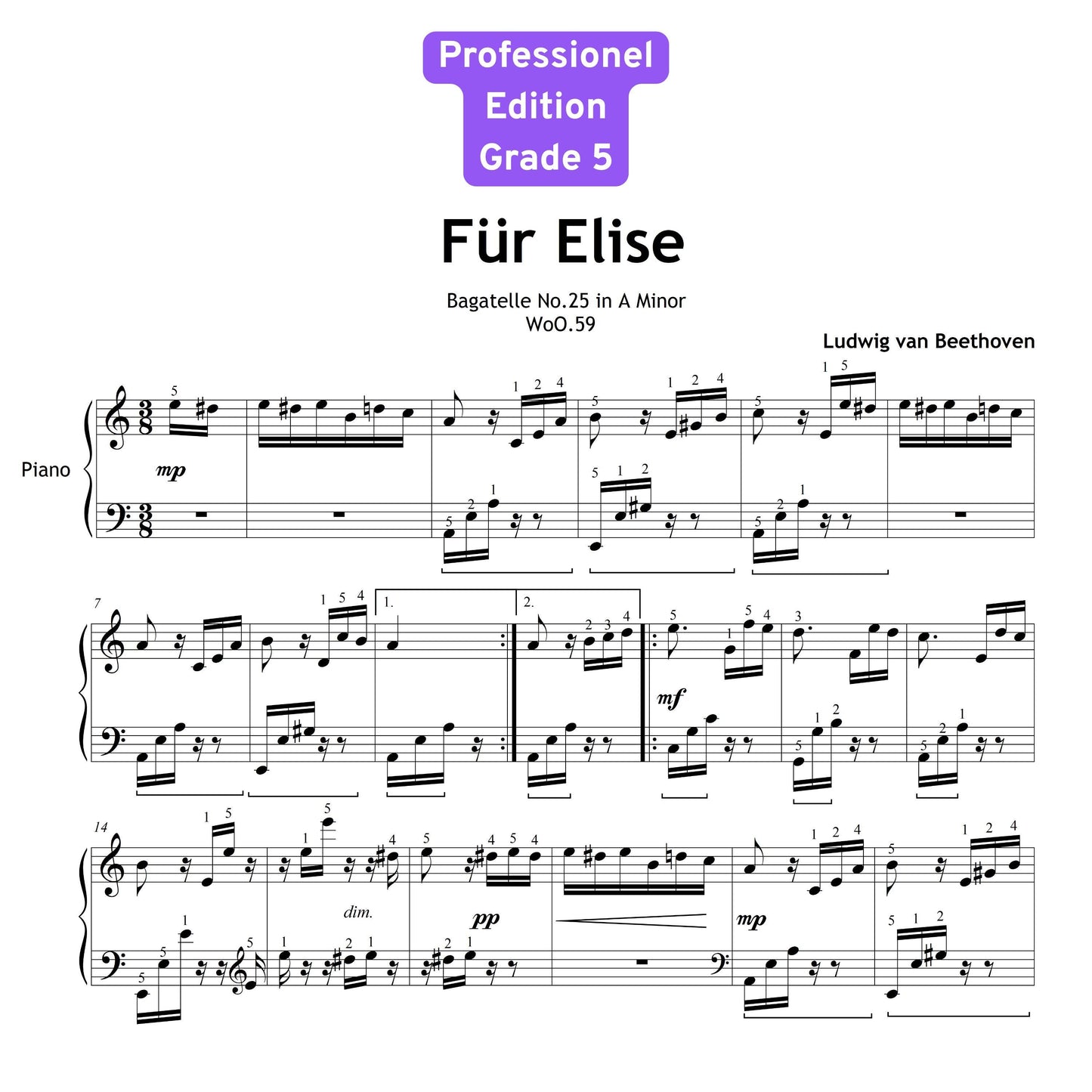 Fur Elise by Beethoven | Intermediate Piano PDF with Fingered Notes | Beethoven Score & Tutorial Video