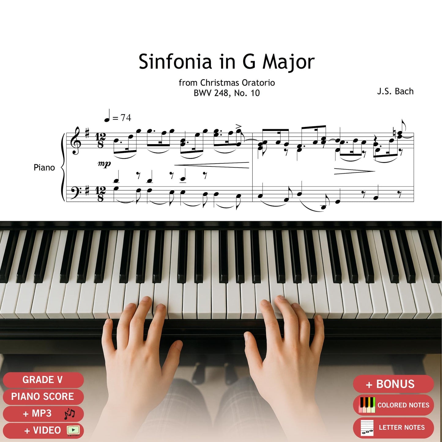 Christmas Oratorio Sinfonia in G Major BWV 248 by Johann Sebastian Bach complete piano sheet music PDF and PNG digital download, high-resolution score prepared with elegant engraving, perfect for advanced piano students, recital use, and Christmas concert performance.