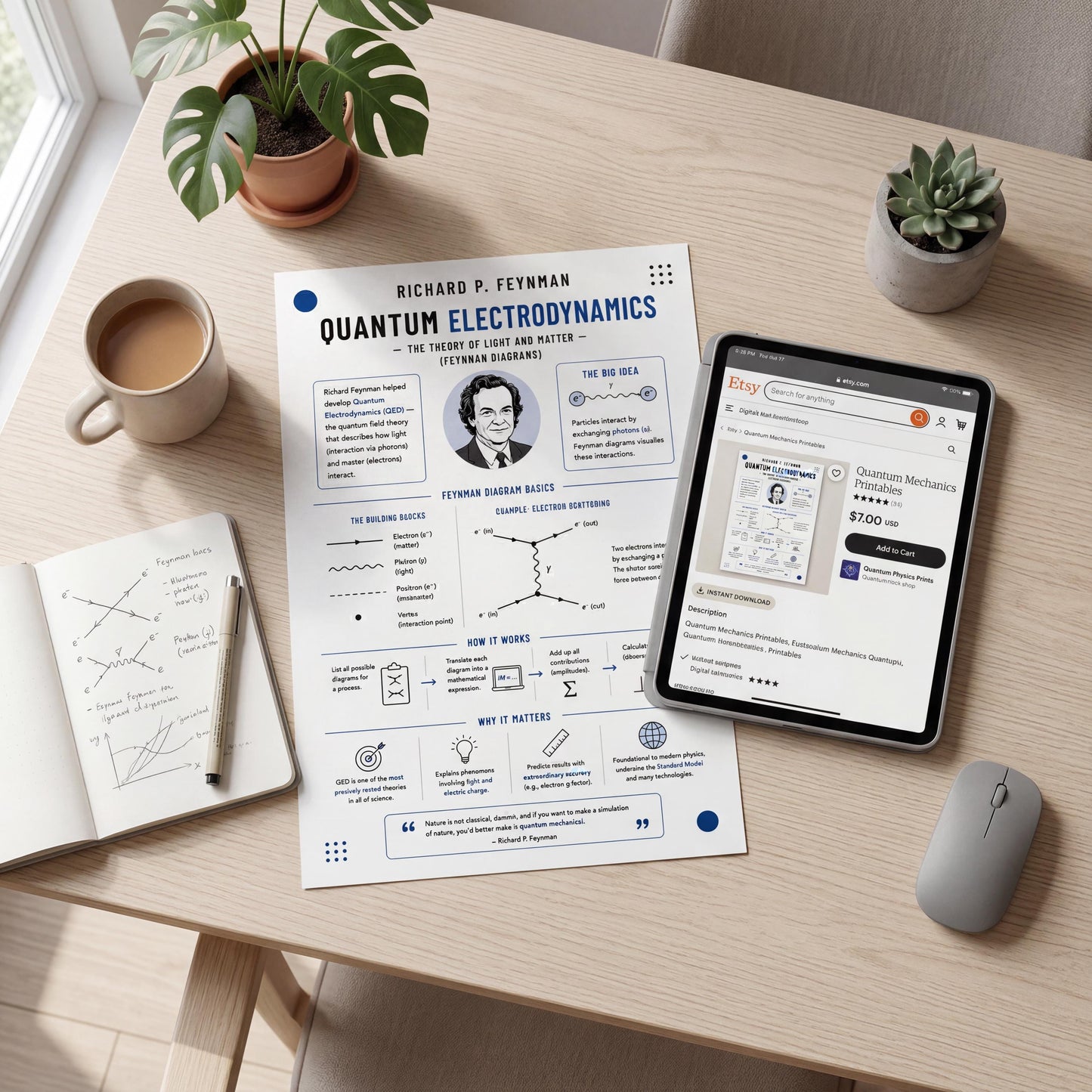 a desk with various items, including a tablet, a notebook, a pen, a plant, and a cup. The tablet is displaying a website related to Quantum Electrodynamics, and there is a diagram of a quark on the desk.