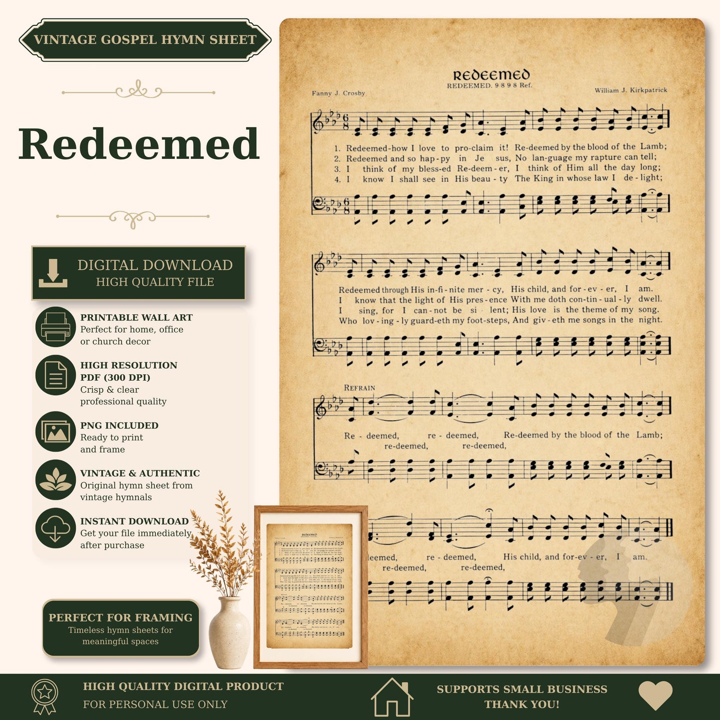The image is a vintage-style sheet music for the song "Redeemed" by Pandy J. Crady, featuring sheet music and lyrics.