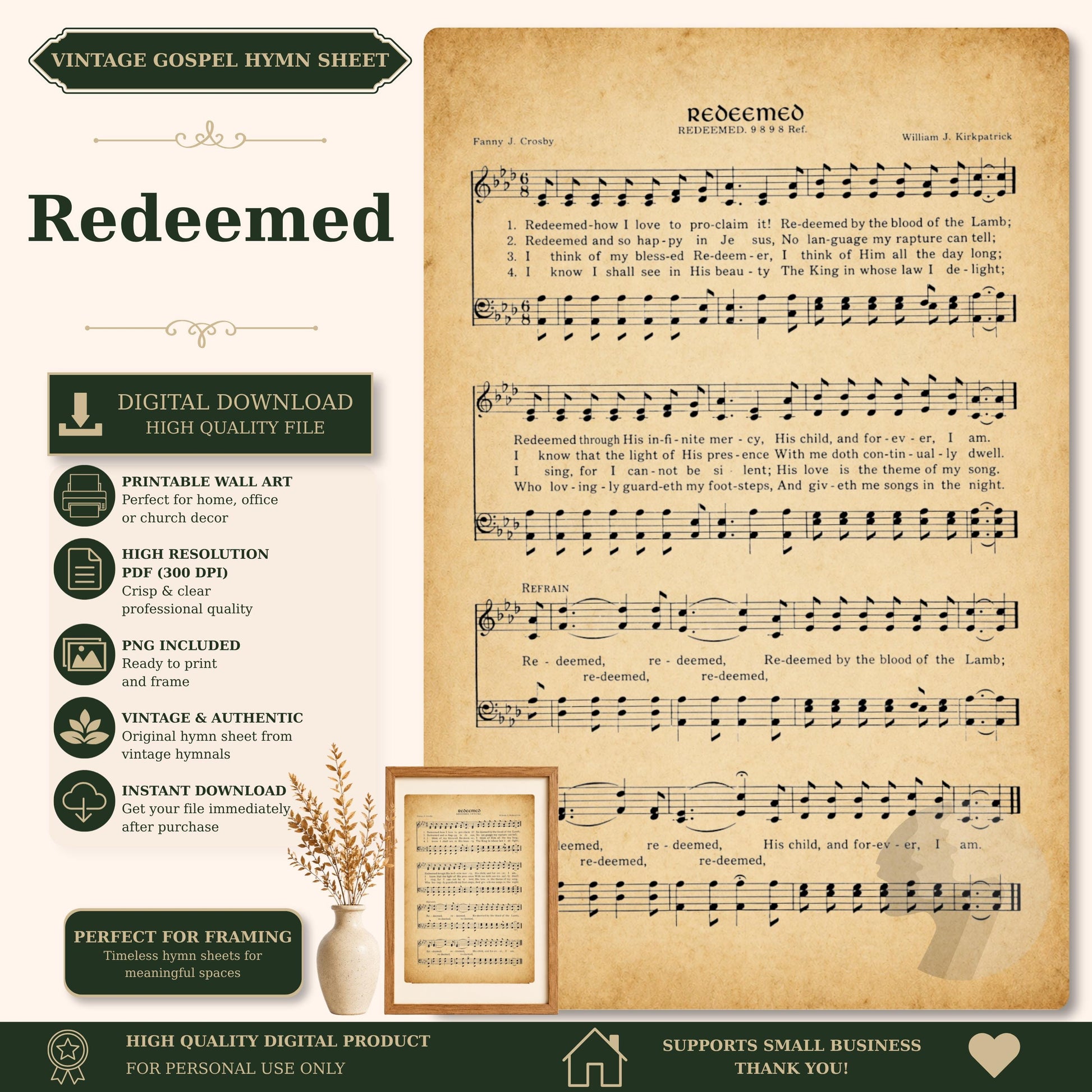 The image is a vintage-style sheet music for the song "Redeemed" by Pandy J. Crady, featuring sheet music and lyrics.