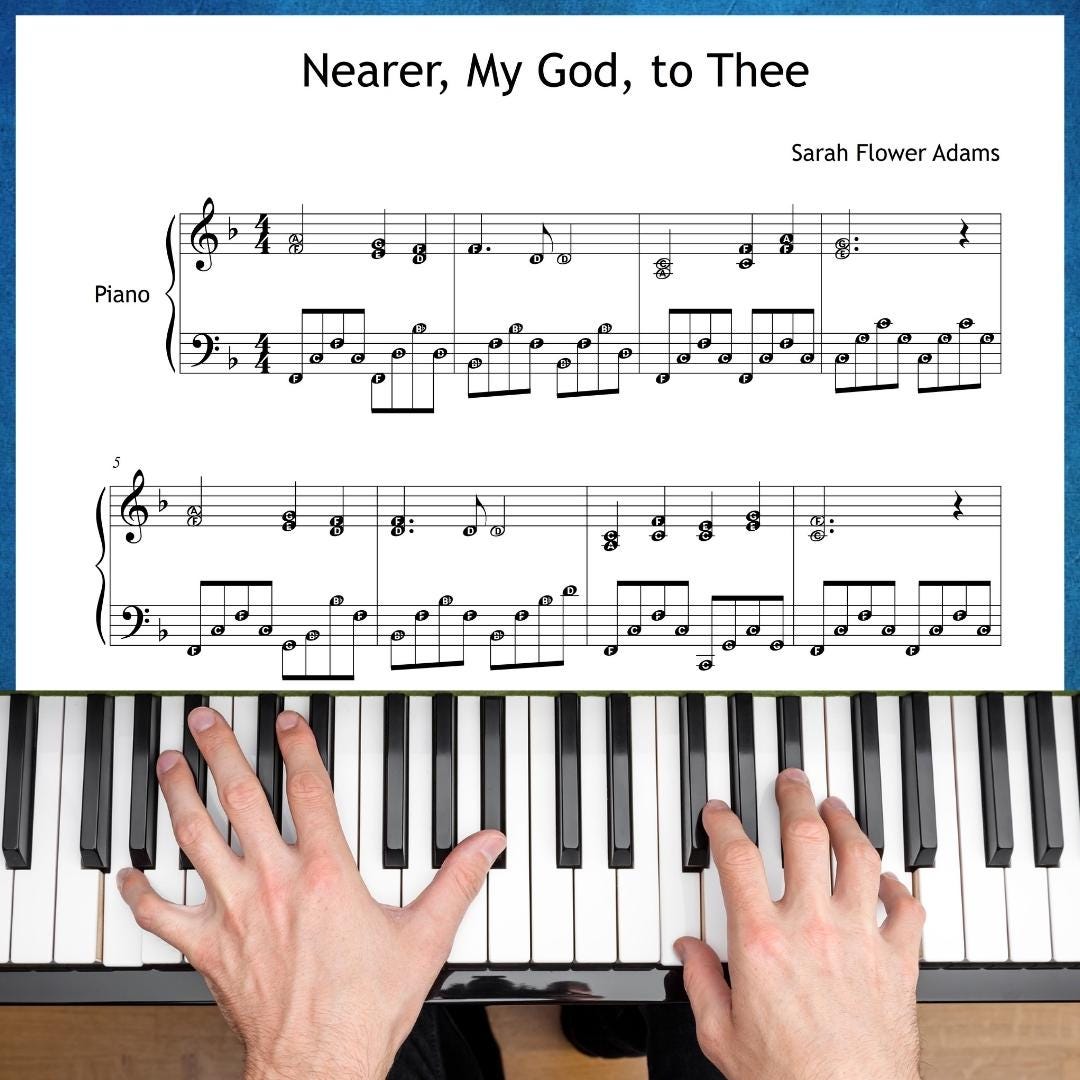 Nearer, My God, to Thee by Lowell Mason downloadable and simplified piano sheet music PDF shown in a Grade 3–4 hymn layout with finger numbers, color-coded notes, note-name versions, and manuscript-based engraving, supported by MP3 audio and video tutorial resources.