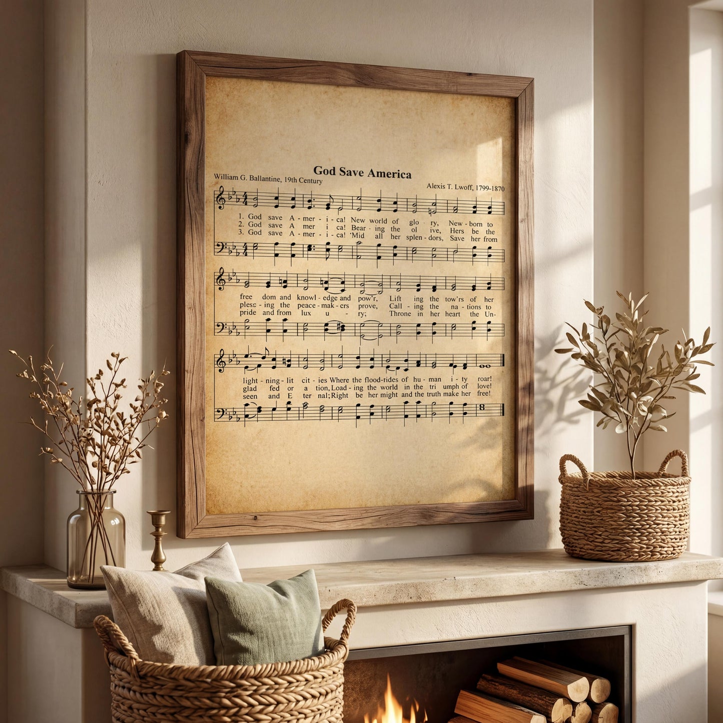a framed sheet music of a song titled "God Save America" hanging on a wall above a fireplace. The sheet music is framed in a wooden frame and is surrounded by a wicker basket and a potted plant.