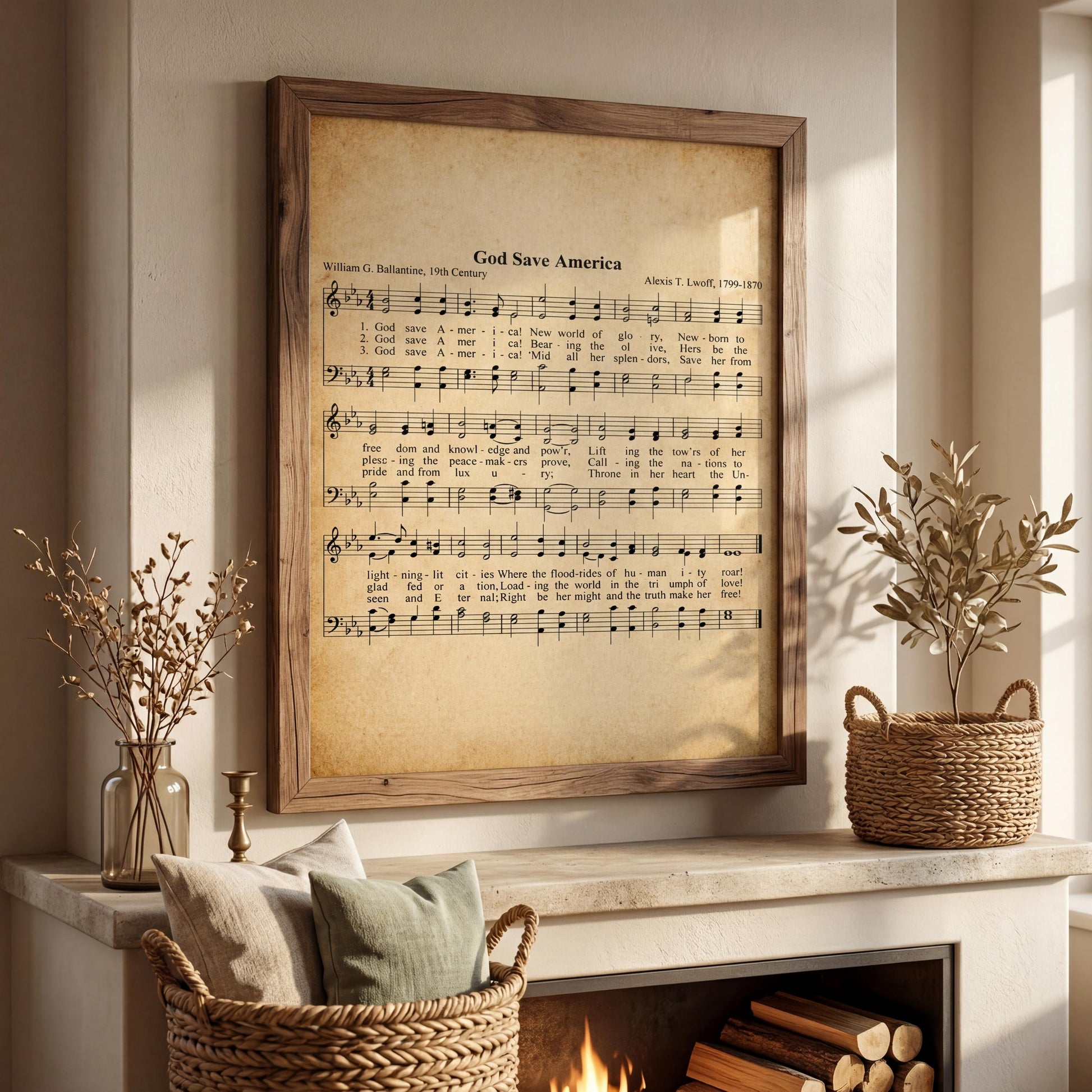 a framed sheet music of a song titled "God Save America" hanging on a wall above a fireplace. The sheet music is framed in a wooden frame and is surrounded by a wicker basket and a potted plant.