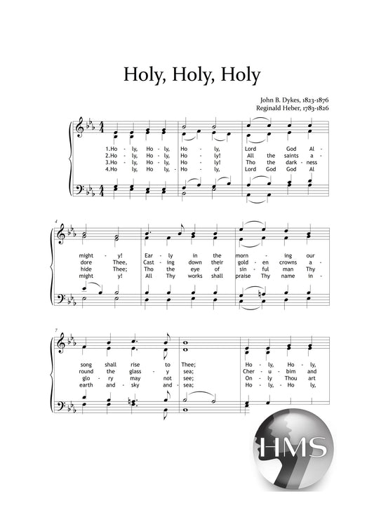 Holy, Holy, Holy by Reginald Heber and John B. Dykes downloadable and simplified piano sheet music PDF shown with the choir and piano arrangement, featuring finger numbers, color-coded notes, note-name versions, and manuscript-based engraving for clear worship preparation.