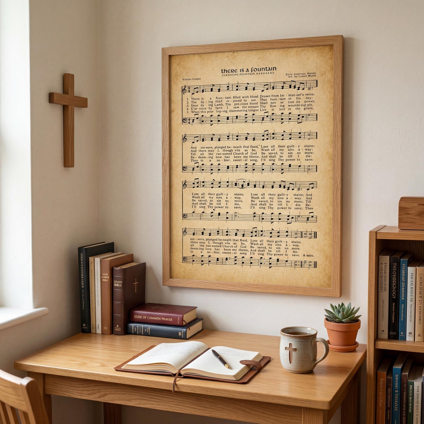 a wooden desk with a framed sheet music poster of a hymn, a cup of coffee, a book, and a cross on the wall.